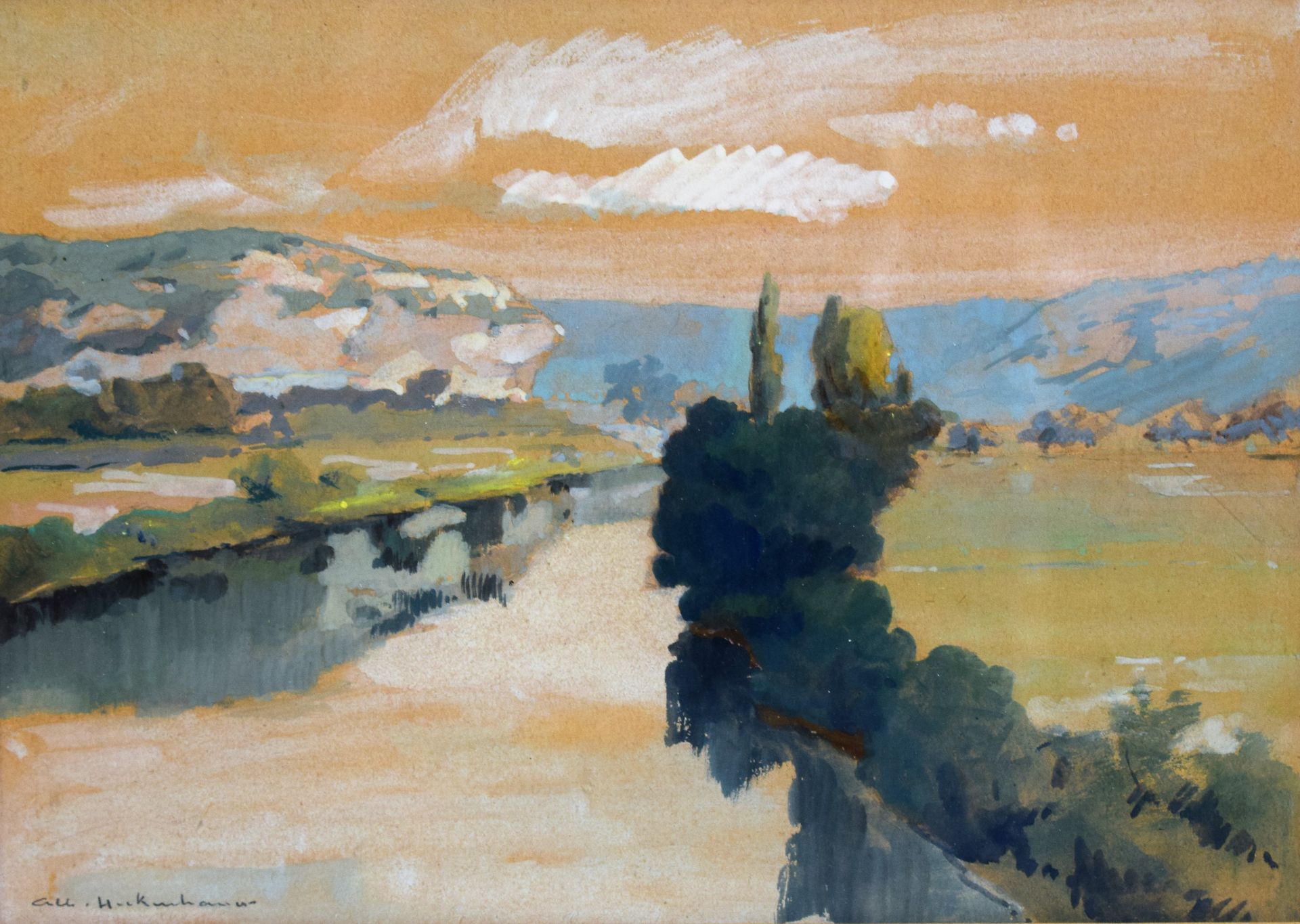 Null Albert HECKENHAUER (1892-1982) 

Paysage au fleuve, Alsace

Aquarelle

Sign&hellip;