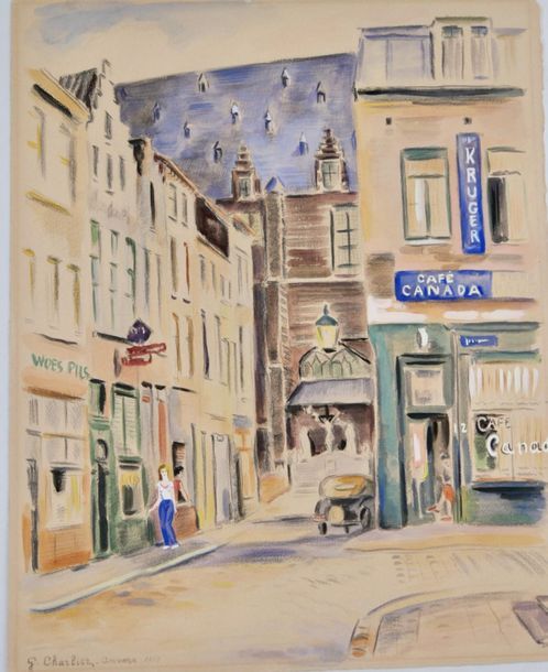 Null Georges CHARLIER (1919 -) 
Rue à Anvers 
Dessin, aquarelle et gouache 
Sign&hellip;