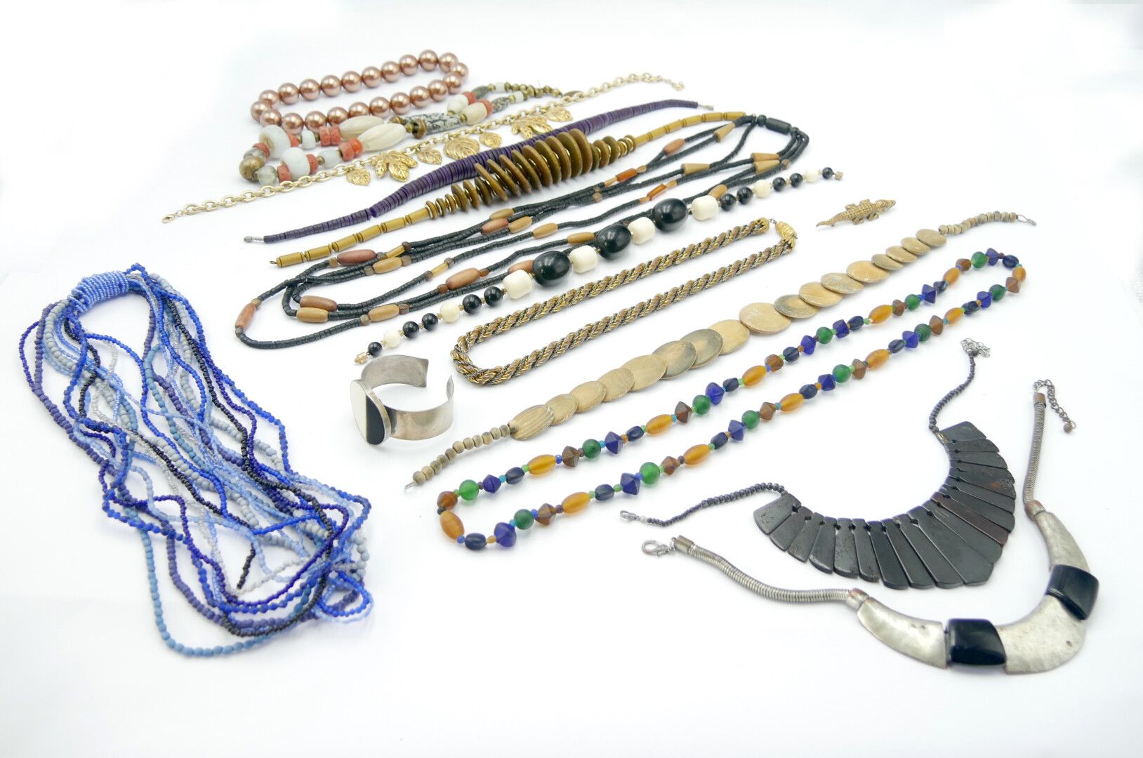 Null 服装珠宝

金属、石头、树脂、木材和玻璃制成的珠宝拍品，包括一个手镯、13条项链和一个鳄鱼胸针

不同的渊源

全部处于使用状态