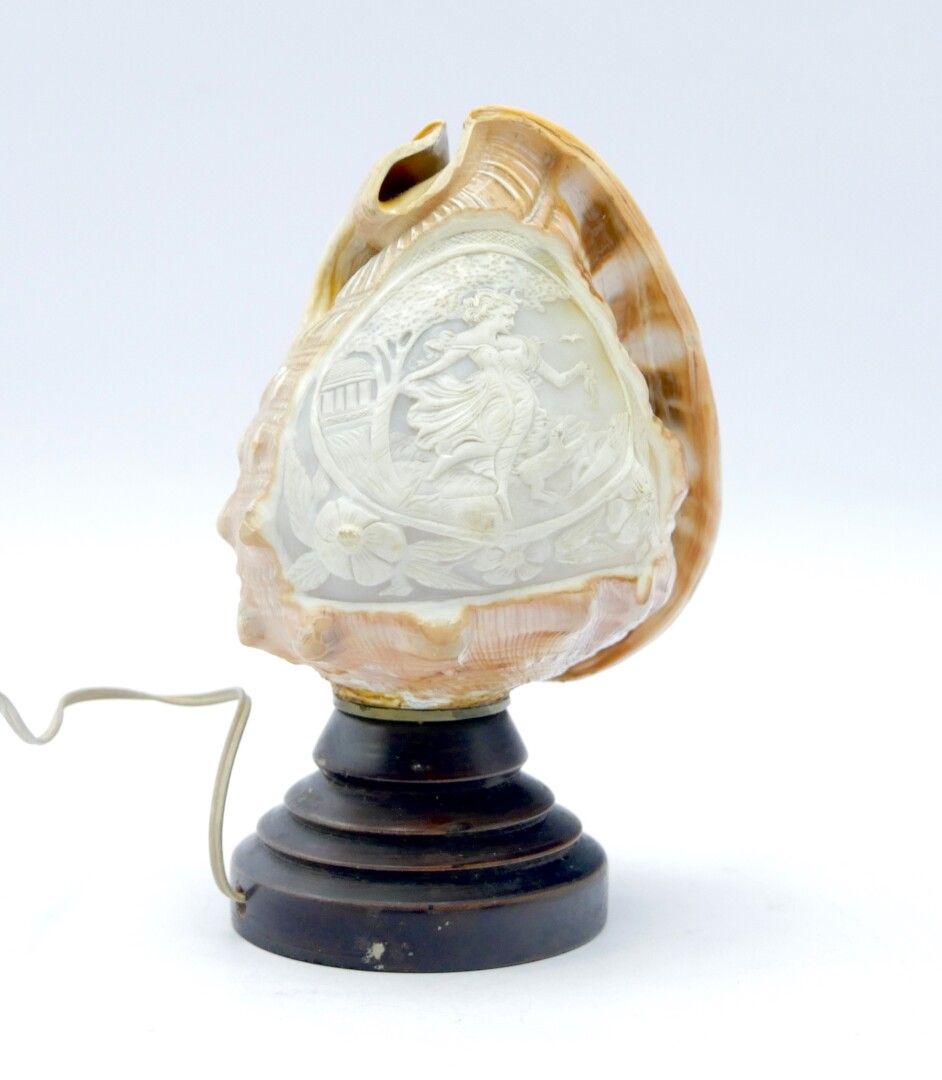 Null 意大利 - 20世纪初

雕刻着女猎人戴安娜的贝壳在木质底座上形成一盏夜灯

视线总高度：18厘米，7.1英寸

外壳有缺口，电要重做，插座上有胶水的&hellip;