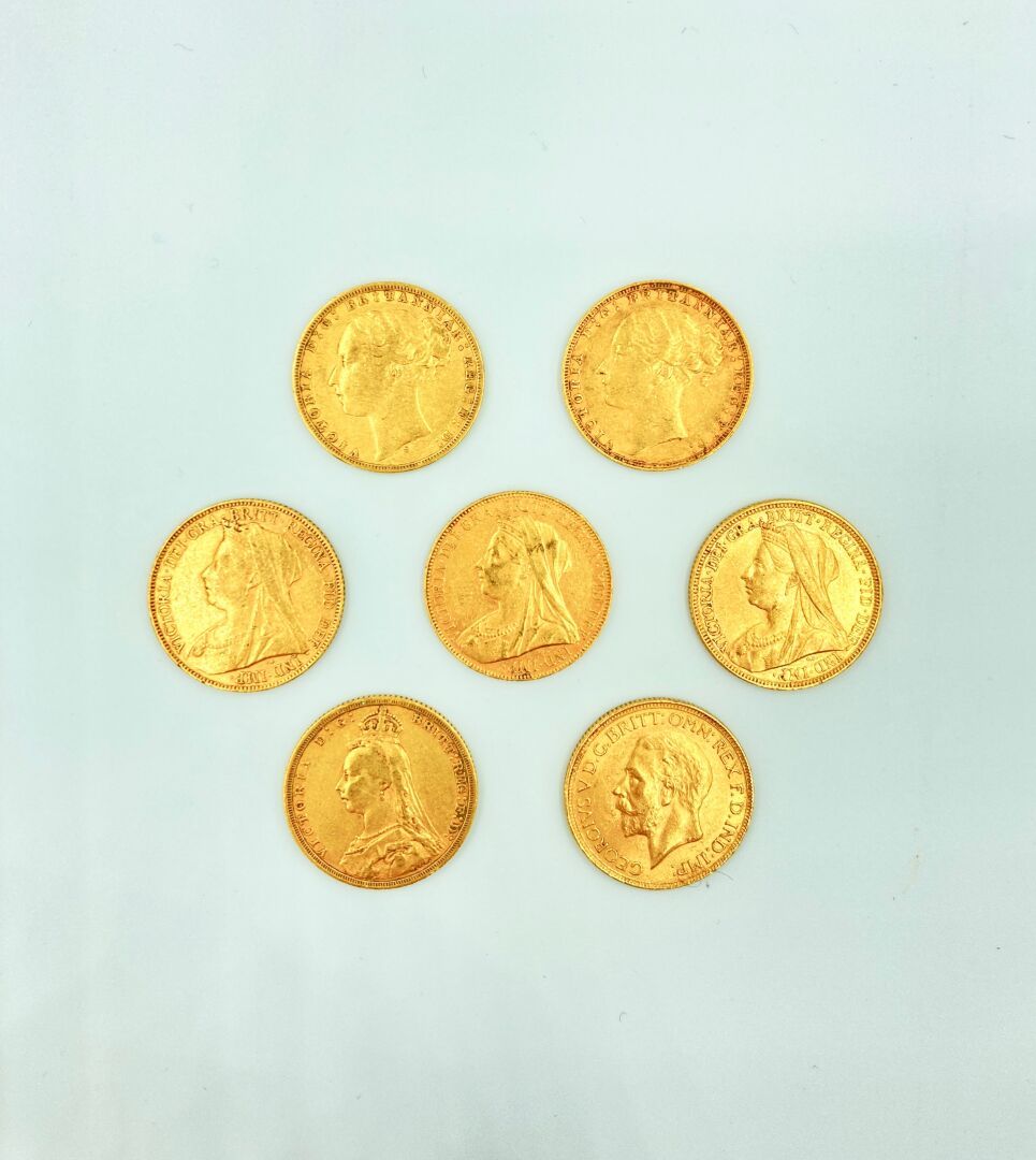 Null ENGLAND - 19th and 20th century 

Lot of seven gold sovereigns:

- Two coin&hellip;