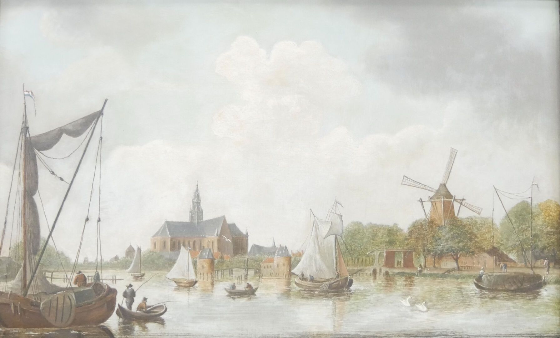 Null 荷兰学校--19世纪

运河上的帆船和渔民，17世纪的风格

板上油彩

有框

视线尺寸：30,5 x 50厘米。12 x 19 3/4 英寸约。
&hellip;