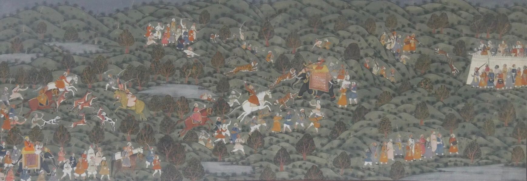Null INDIA , RAJASTHAN - 20° secolo 

Grande dipinto con scena di caccia 

Pigme&hellip;