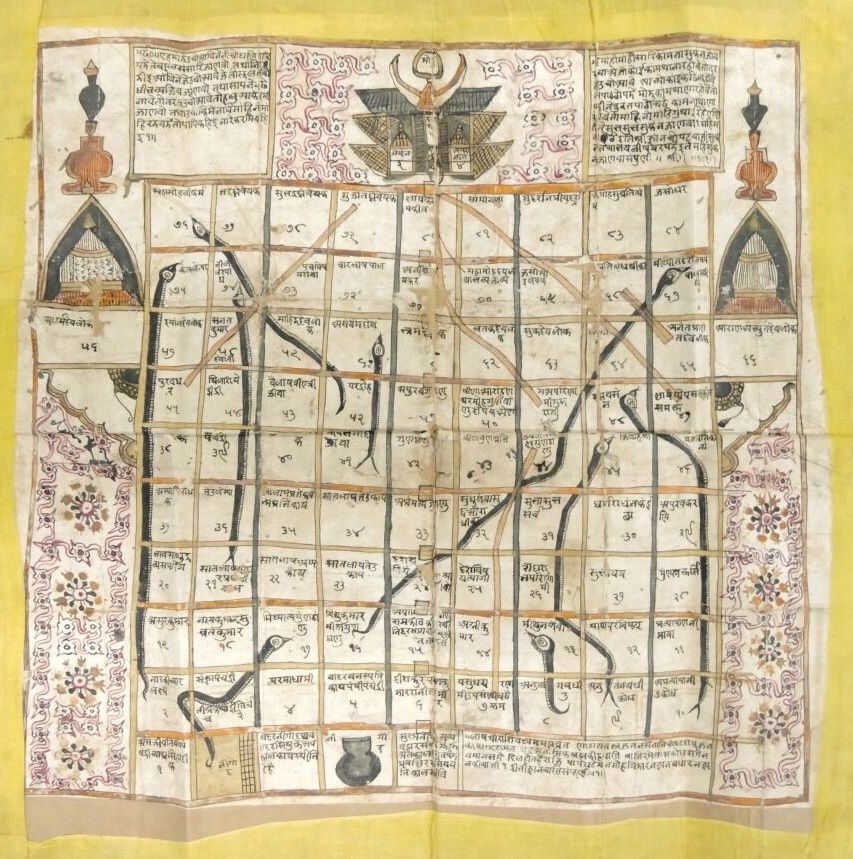 Null 印度 - 19世纪

蛇和梯子的游戏或Nagapasa 

纸上多色颜料镶嵌在画布上

尺寸：57.5 x 53 cm. 约22.6 x 20.8 i&hellip;