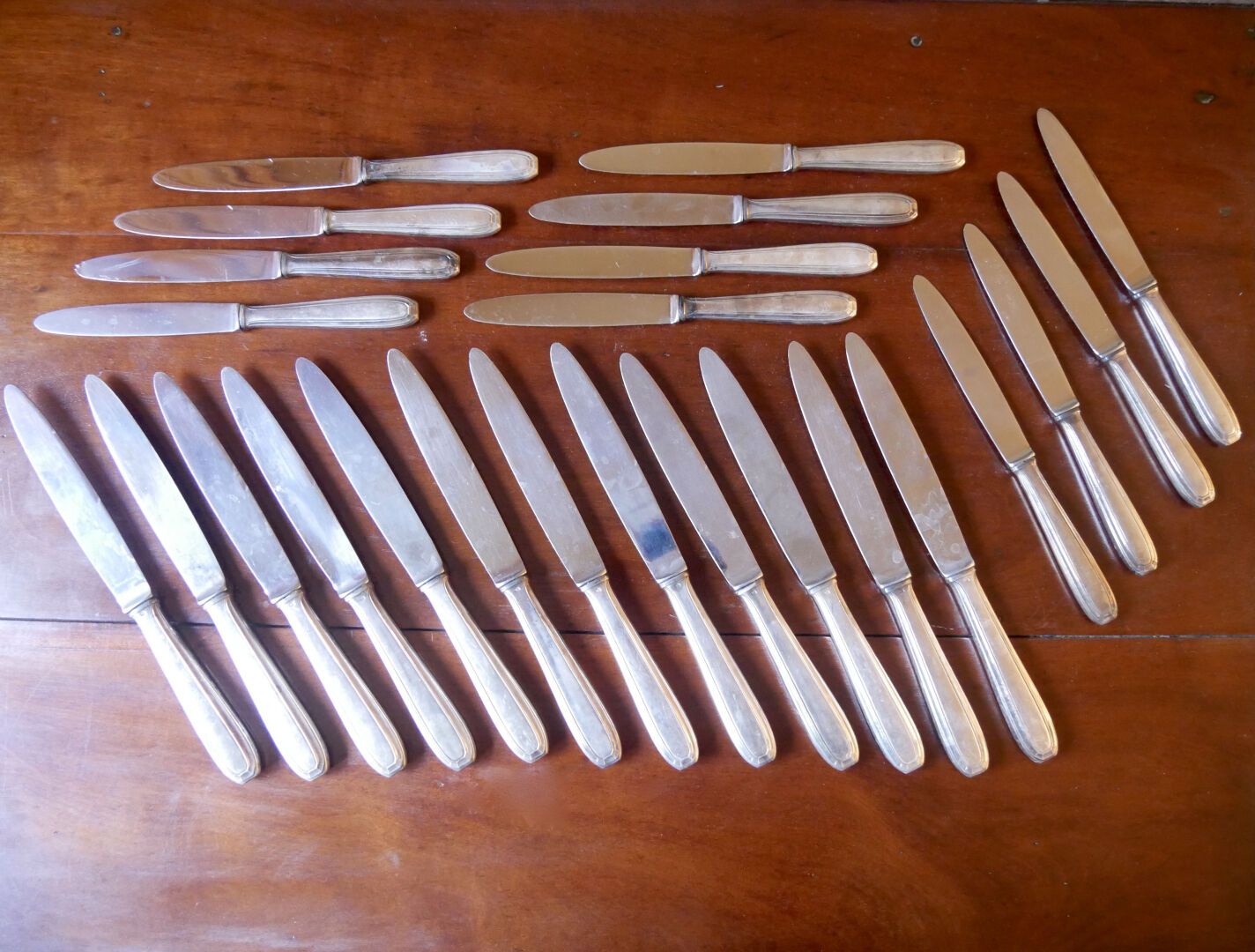 Null 法国 - 20世纪初

一套12把大刀和12把小刀，镀银金属和不锈钢刀片

一把大刀的长度：25厘米，9 3/4英寸。



痕迹，灰尘，氧化，刀尖变&hellip;