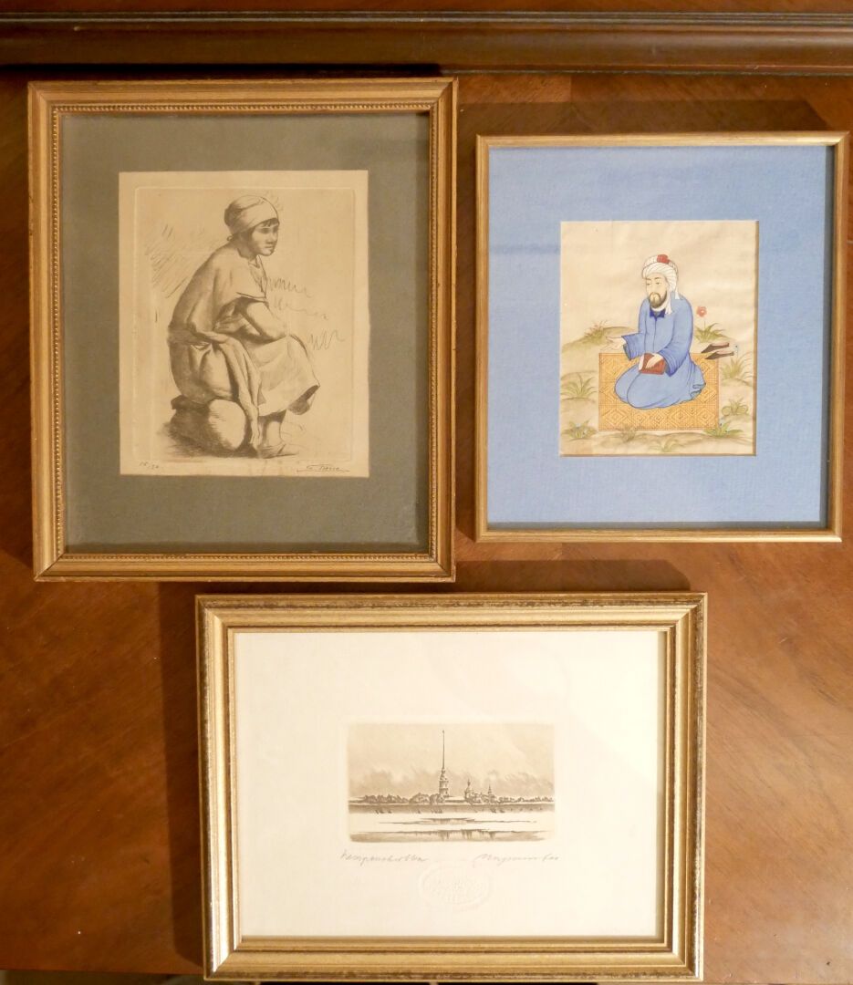 Null FRAMED PIECES 

Lot of three small framed pieces:

- RUSSIA. View of a chur&hellip;