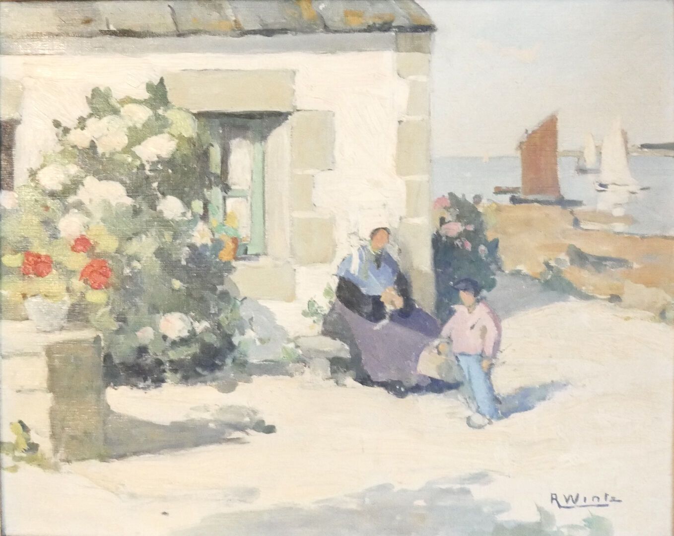 Null 雷蒙德-温茨 (1884-1956)

布列塔尼妇女和孩子在水边的房子前 

布面油画

签名：R. Wintz 右下角

有框

视线尺寸：33 x&hellip;