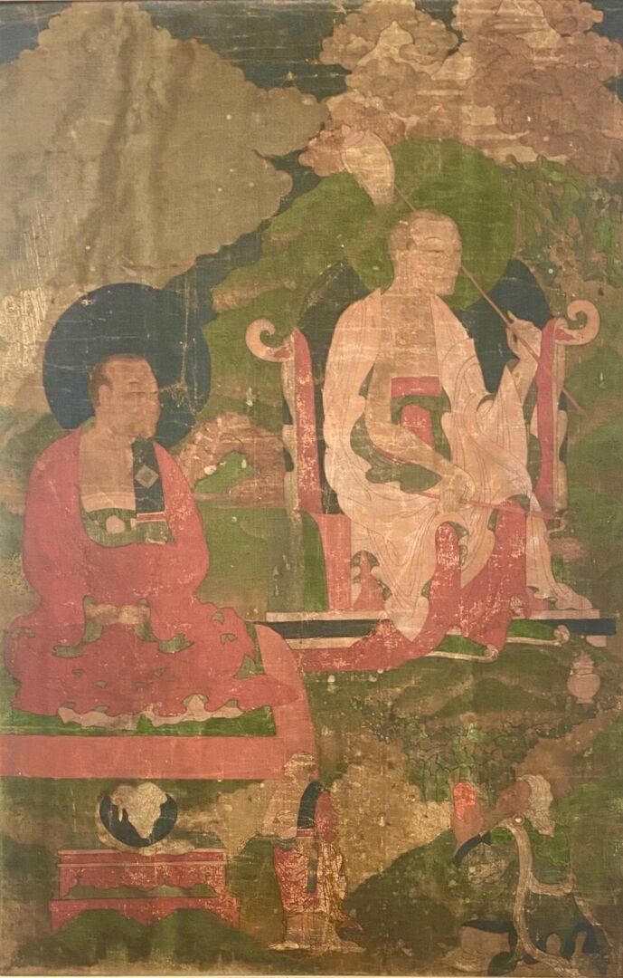 TIBET XIXe siècle 
Partie de thangka, détrempe sur toile, deux lama assis sur de&hellip;