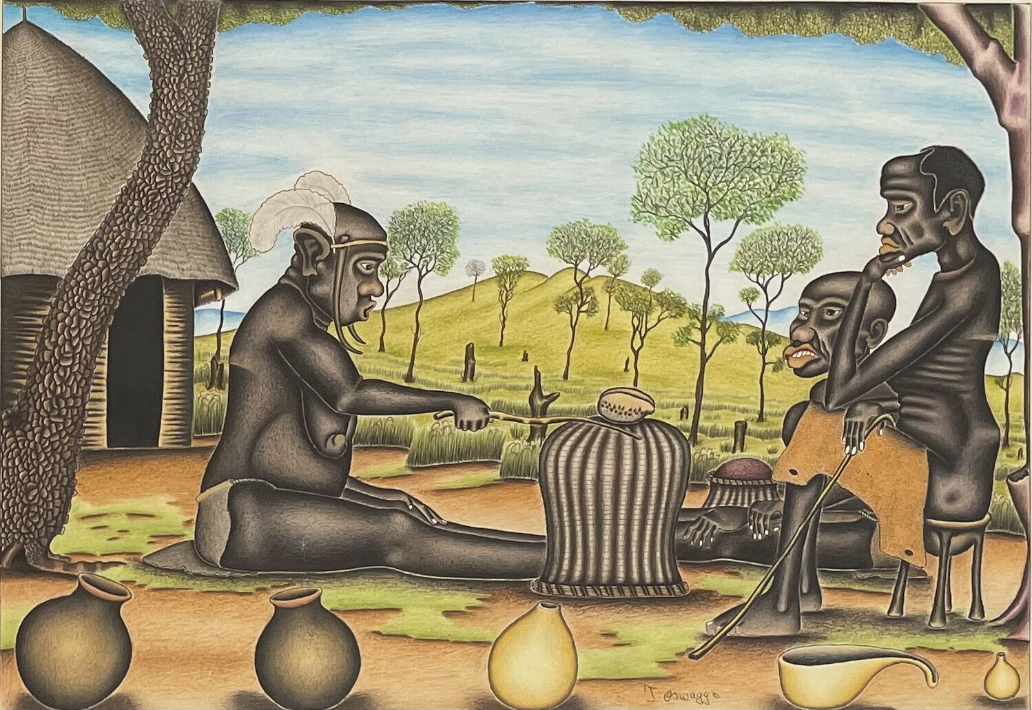 Null Joel OSWAGGO (1944) - Kenya 
Pen and colored pencils on paper
Signed lower &hellip;