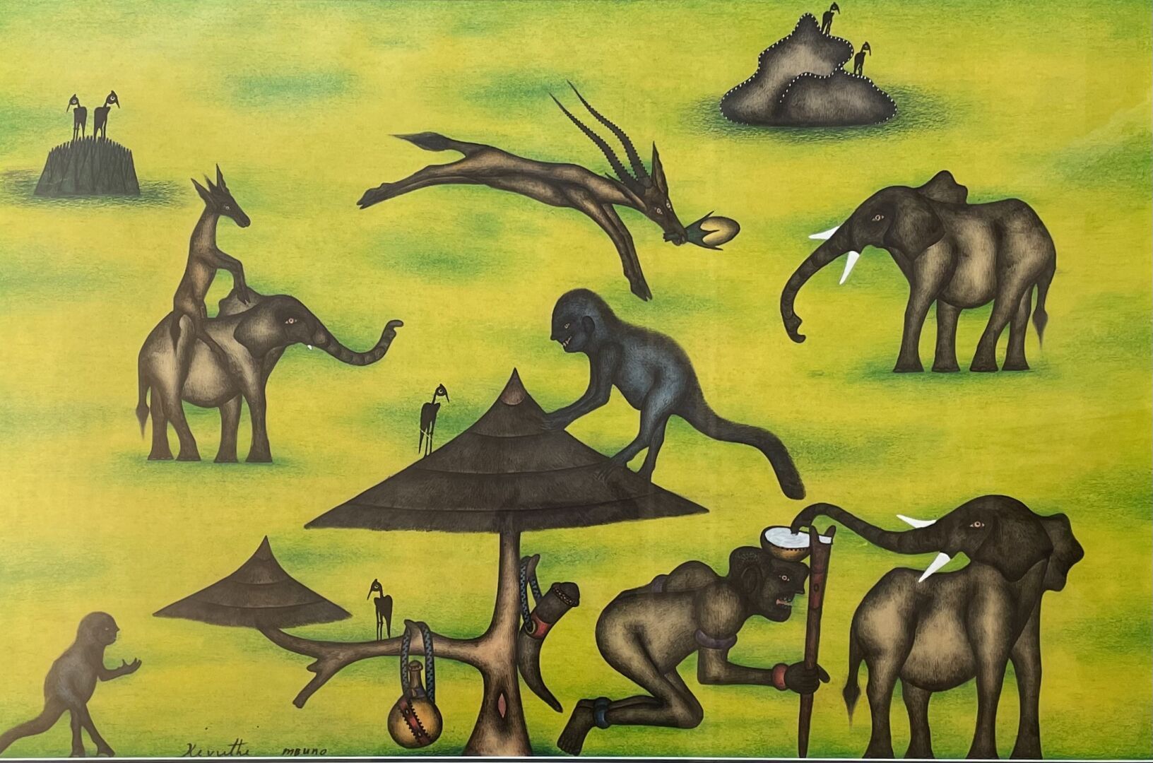 Null Kivuthi MBUNO (1947) 
Tiere und Figur in der Savanne 
Buntstifte auf Papier&hellip;