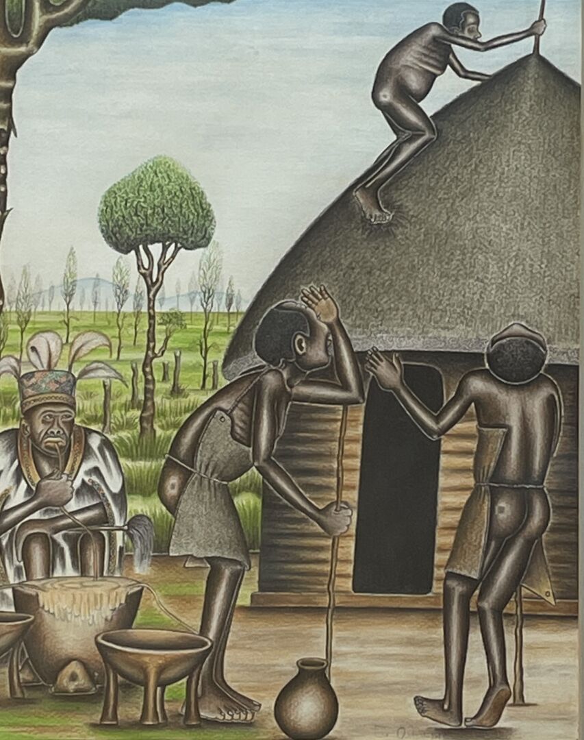 Null Joel OSWAGGO (1944) - 肯尼亚 
村庄场景 
纸上钢笔和彩色铅笔
右下方有签名 
玻璃下装框 
尺寸：35 x 27厘米。13,6&hellip;