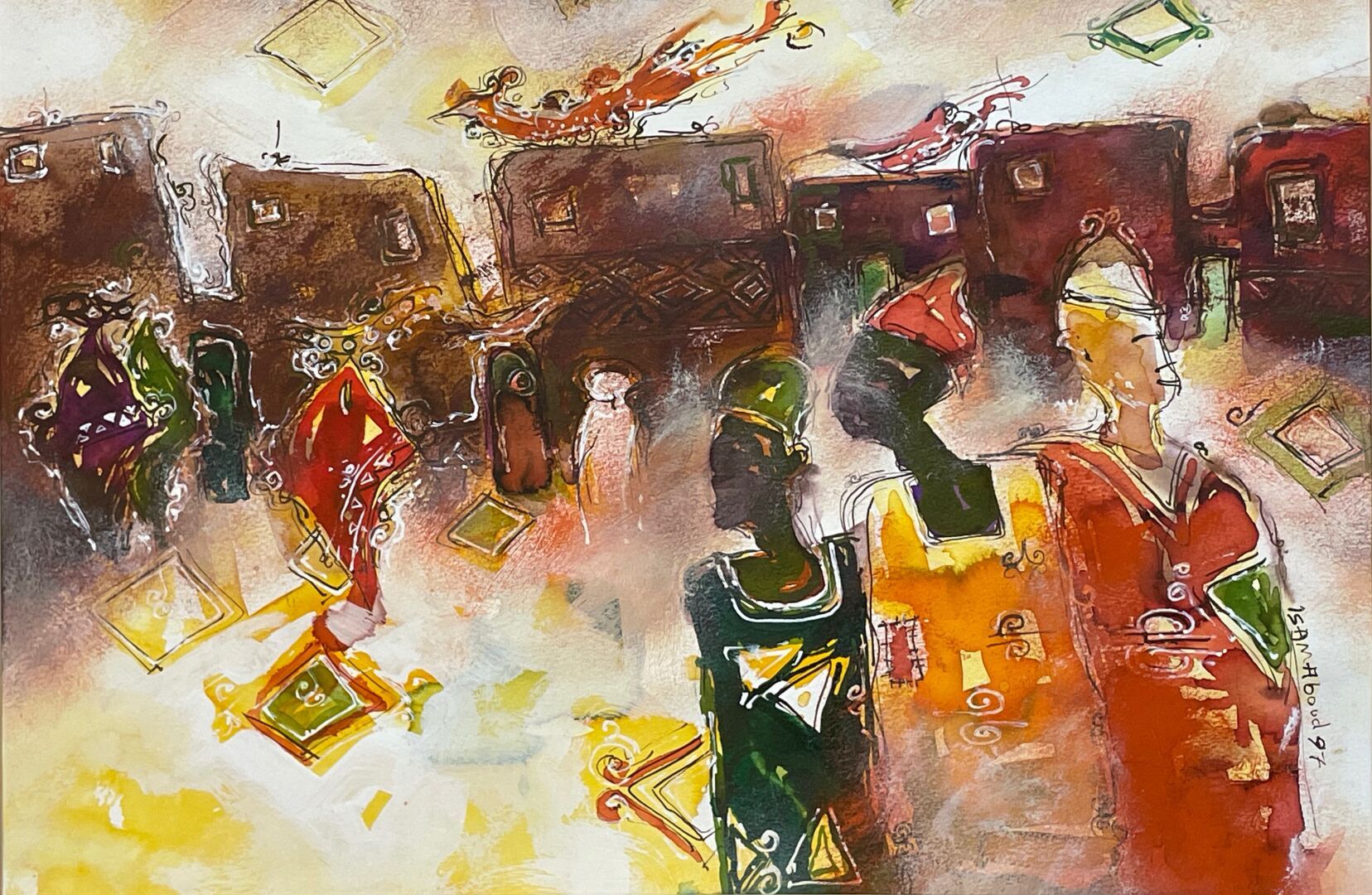 Null ISAMABOUD - XXth century 
Characters in a busy street 
Watercolor and gouac&hellip;