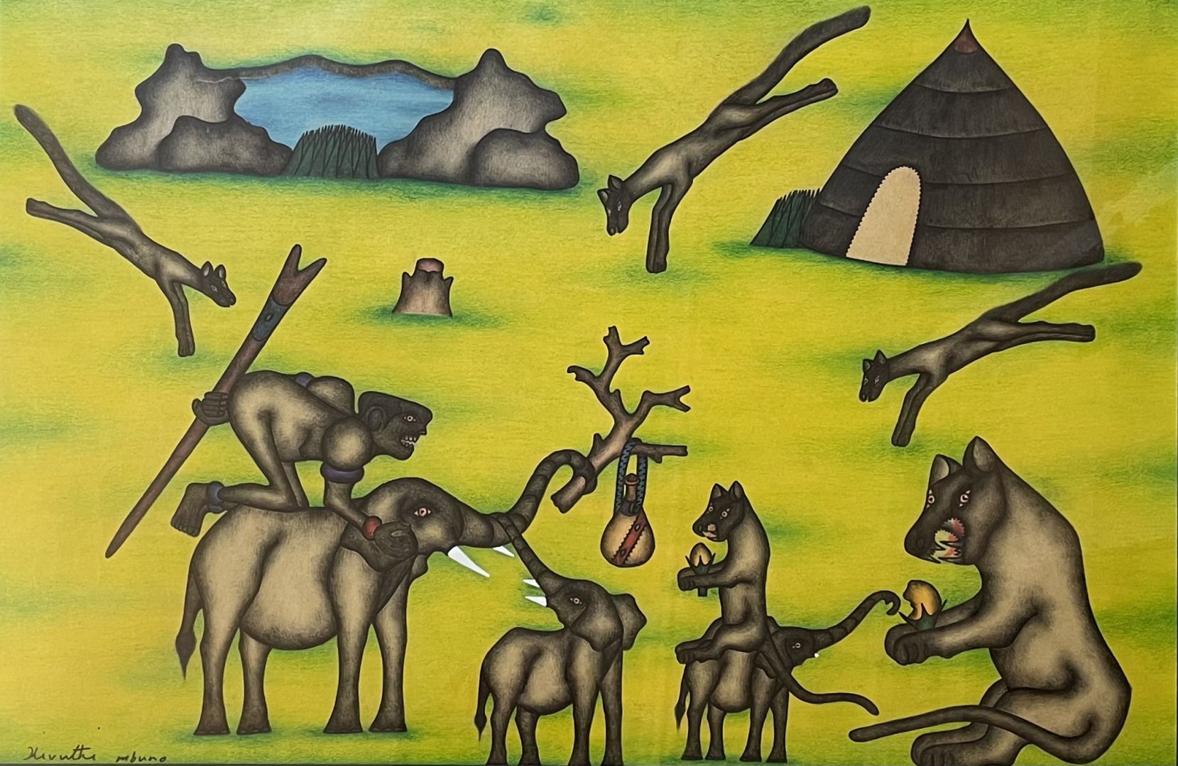 Null Kivuthi MBUNO (1947) 
La chasse aux éléphants 
Crayons de couleurs sur papi&hellip;