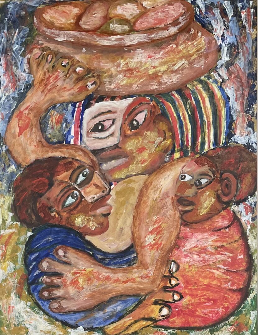 Null Francis KAHURI (1946) 
Femme portant son enfant et un homme 
Huile sur papi&hellip;