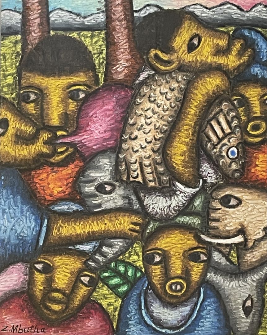 Null Zachariah MBUTHA (1949) 
Characters and animals 
Oil on canvas 
Signed lowe&hellip;