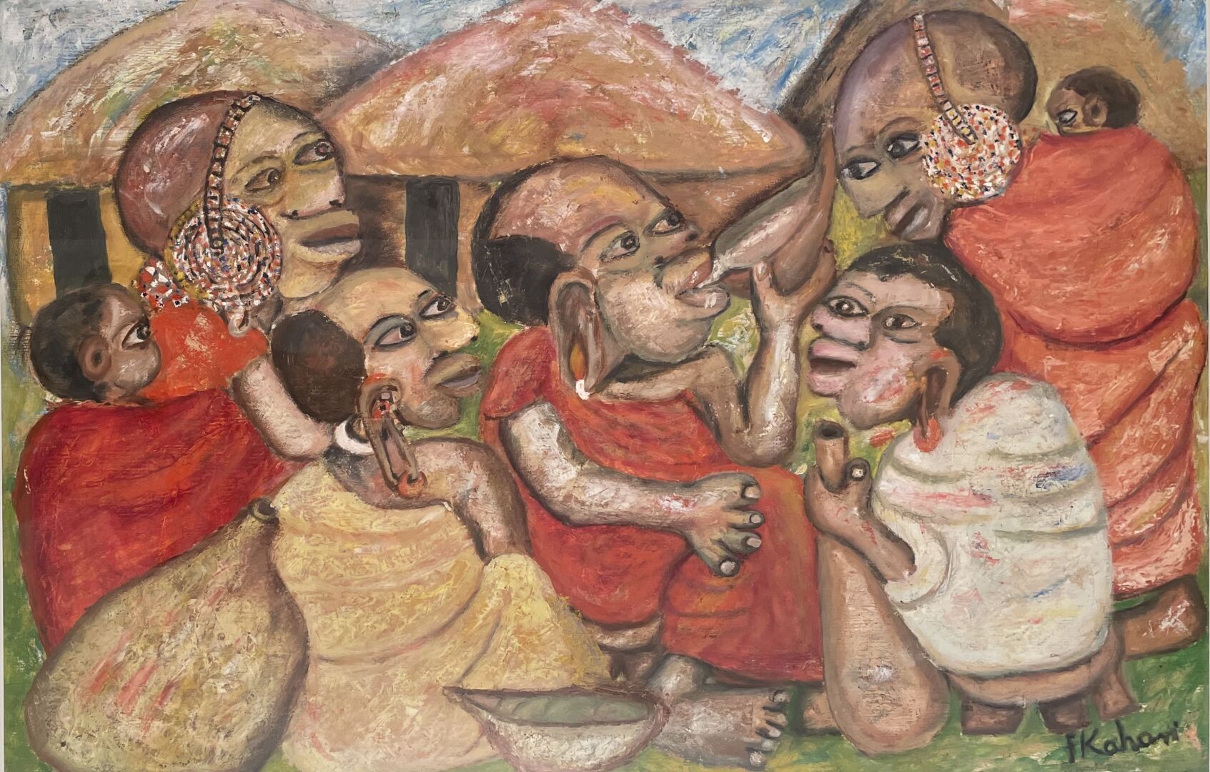 Null Francis KAHURI (1946) 
Day of celebration in the village 
Oil on paper 
Sig&hellip;