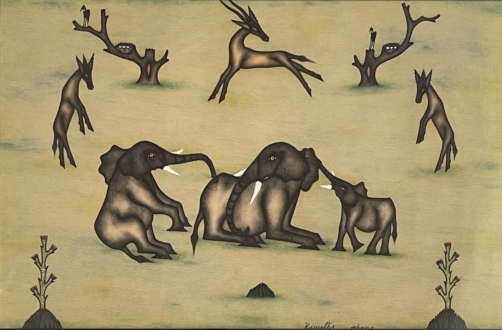 Null 基伍提-姆布诺 (1947) 
大象和羚羊 
纸上彩色铅笔 
中央下方有签名 
玻璃下装框 
背面有卡梅尔艺术馆的标签 
尺寸：47 x 71.5厘米&hellip;