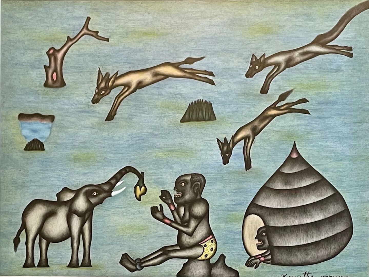 Null Kivuthi MBUNO (1947) 
Elefant, Figuren und Hyänen 
Buntstifte auf Papier 
S&hellip;