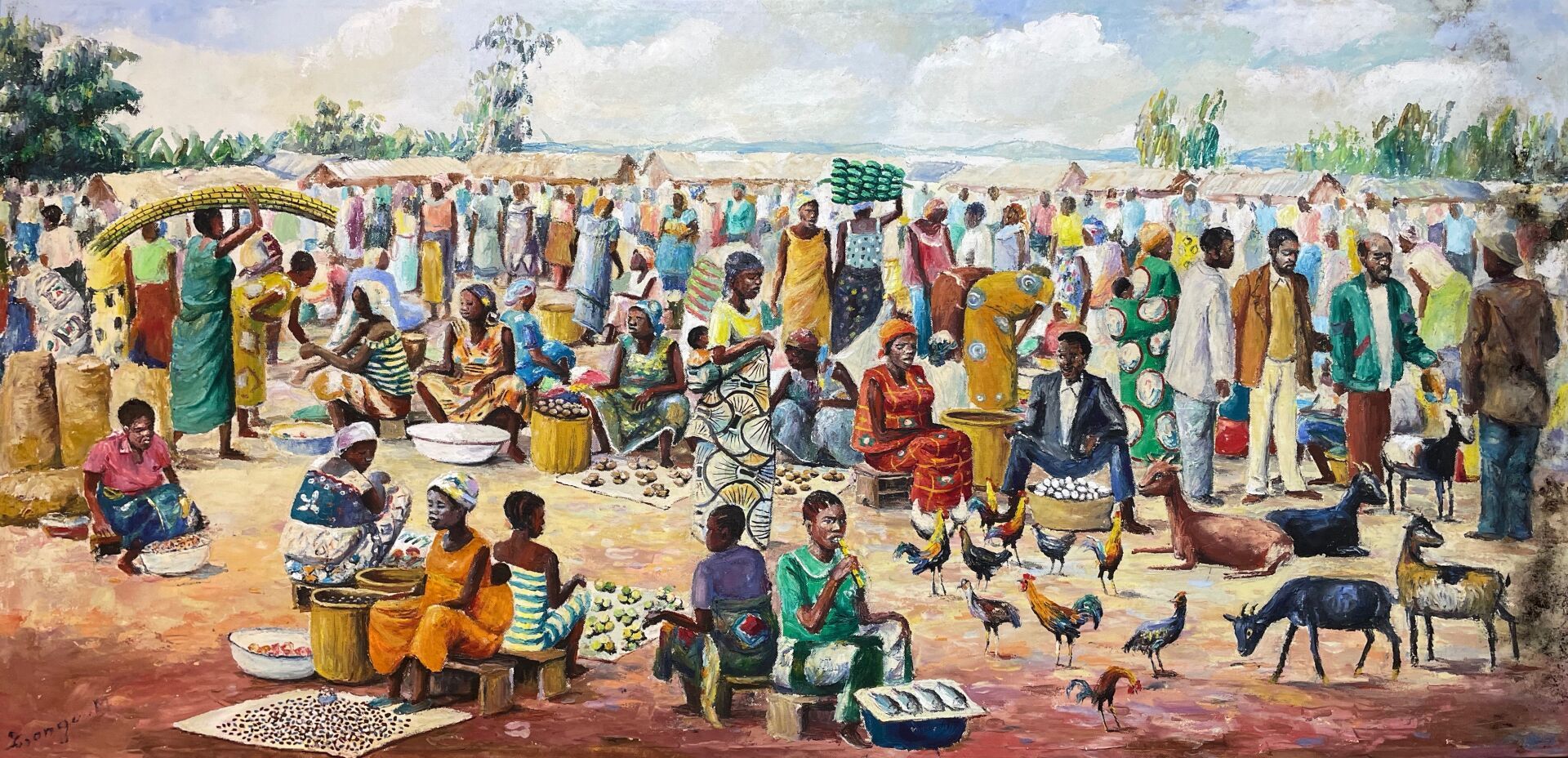 Null 20世纪的非洲学校 
市场 
布面油画 
右下方有签名（难以辨认）和日期89 
有框架 
尺寸：60 x 123,5 cm.23,5 x 48 3/4&hellip;