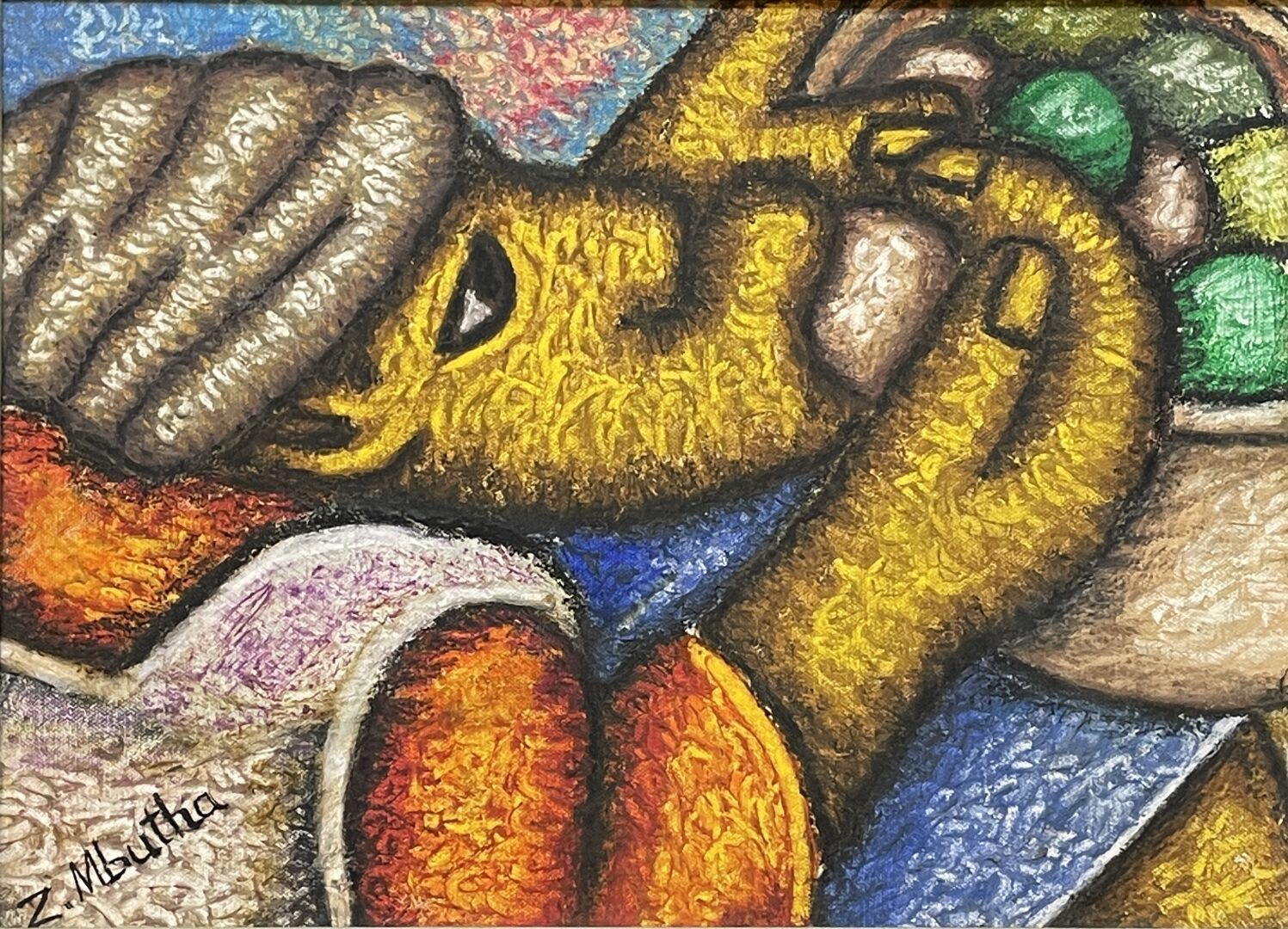 Null Zachariah MBUTHA (1949) 
Le croqueur de fruits 
Huile sur toile 
Signée en &hellip;
