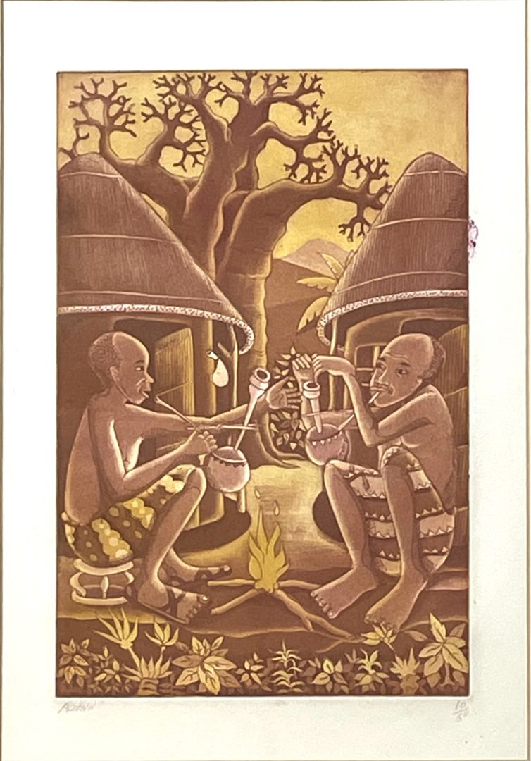 Null 非洲 - 20世纪 
两个吸烟者围着火堆 
彩色雕版画 
底部有铅笔签名（难以辨认）和编号10/50 
有框架 
主题尺寸：29.5 x 19厘米。1&hellip;