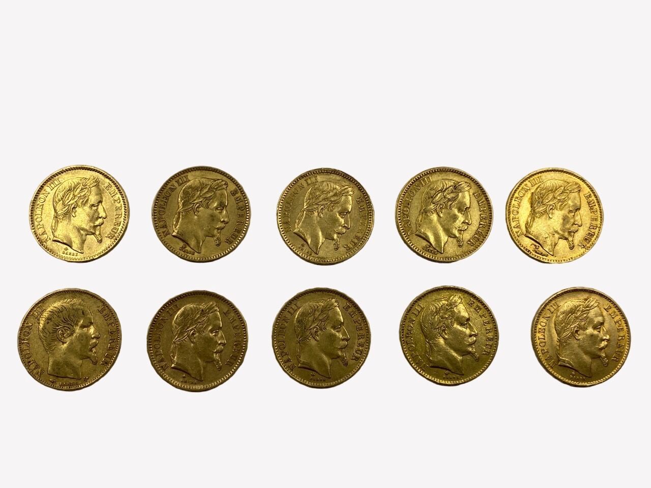 Null 法国 - 第二共和国和第二帝国 
10枚金币900/1000的20法郎： 
- 拿破仑三世光头 
1858年，巴黎的Atelier A
- 拿破仑三世&hellip;
