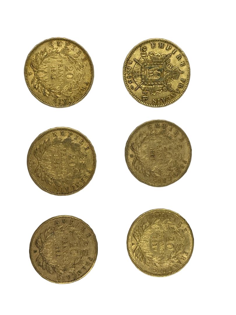 Null 法国 - 第二共和国和第二帝国 
6枚900/1000e的20法郎金币： 
- 拿破仑三世光头 
1856年、1858年、1859年巴黎的A车间；18&hellip;