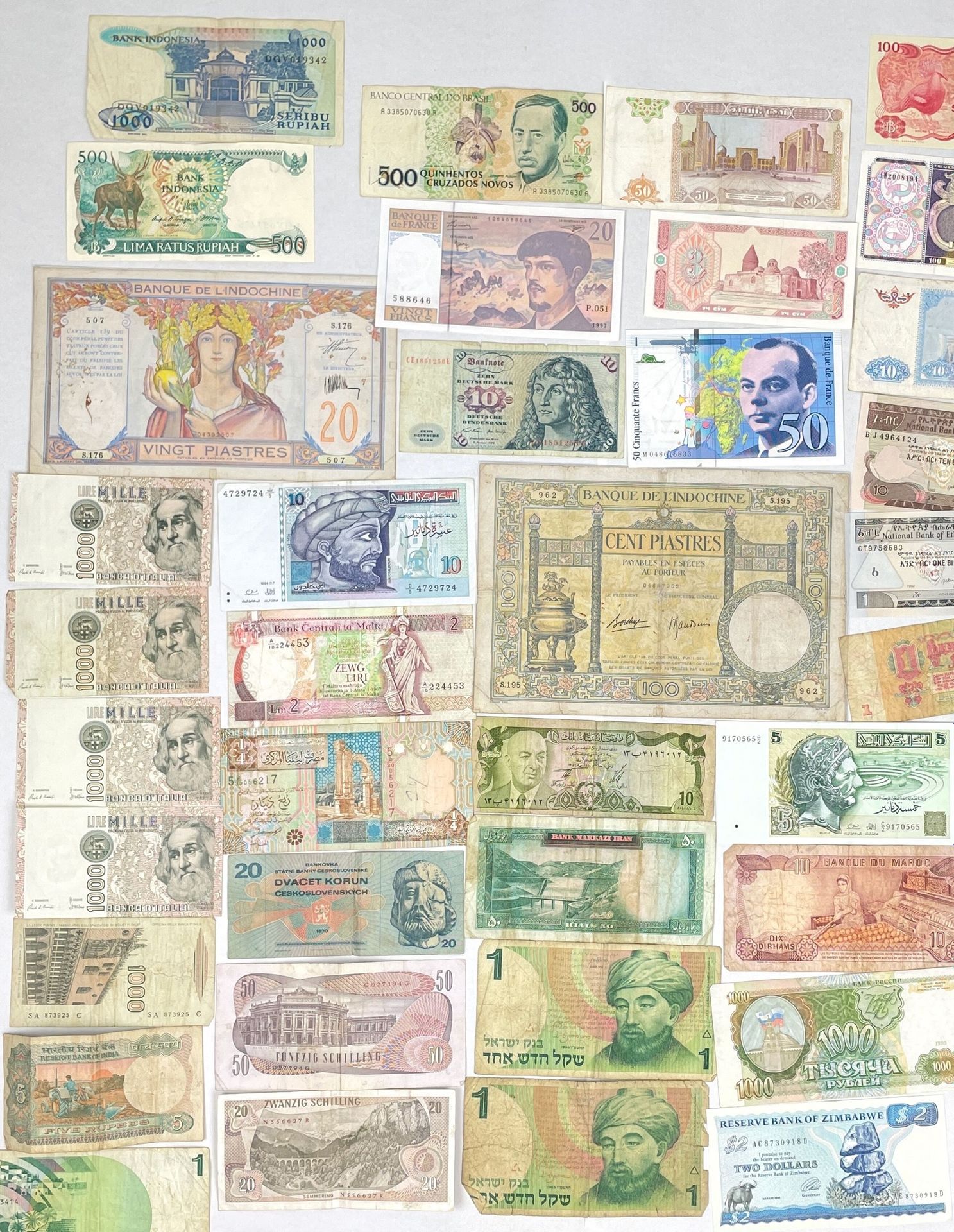 Null WORLD - 20th CENTURY 
Lot of banknotes :
- INDOCHINA. 20 piaster bill and 1&hellip;