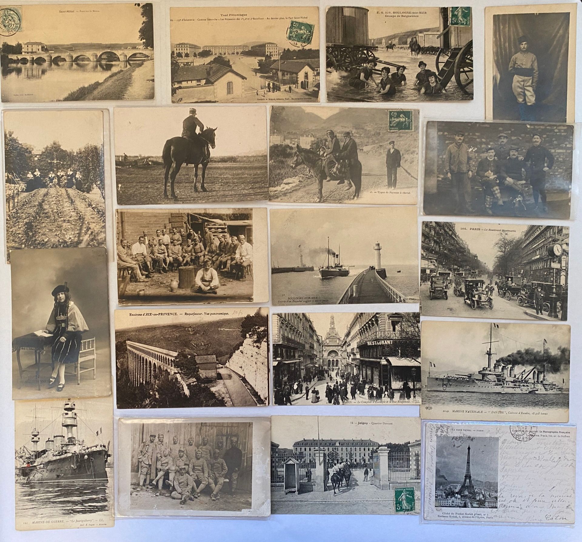 Null 明信片 
一套约 30 种不同明信片：滨海布洛涅、骑马农民、普罗旺斯地区艾克斯、巴黎、士兵、团体、骑兵、法国海军、圣米耶尔、约瓦尼、法国海军、风景如画&hellip;