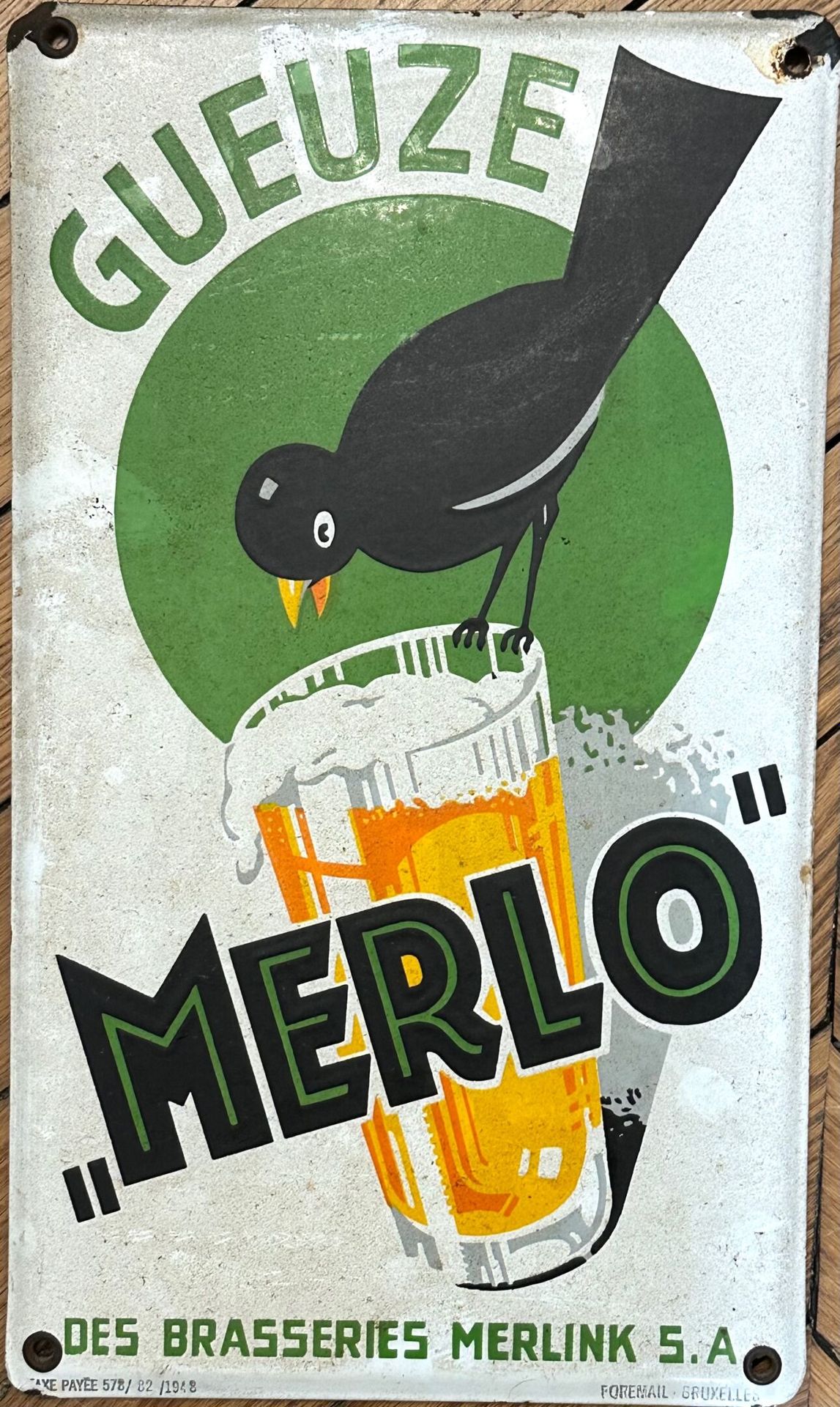 Null GUEUZE "MERLO"
Plaque émaillée publicitaire des Brasseries Merlink S.A 
Dim&hellip;
