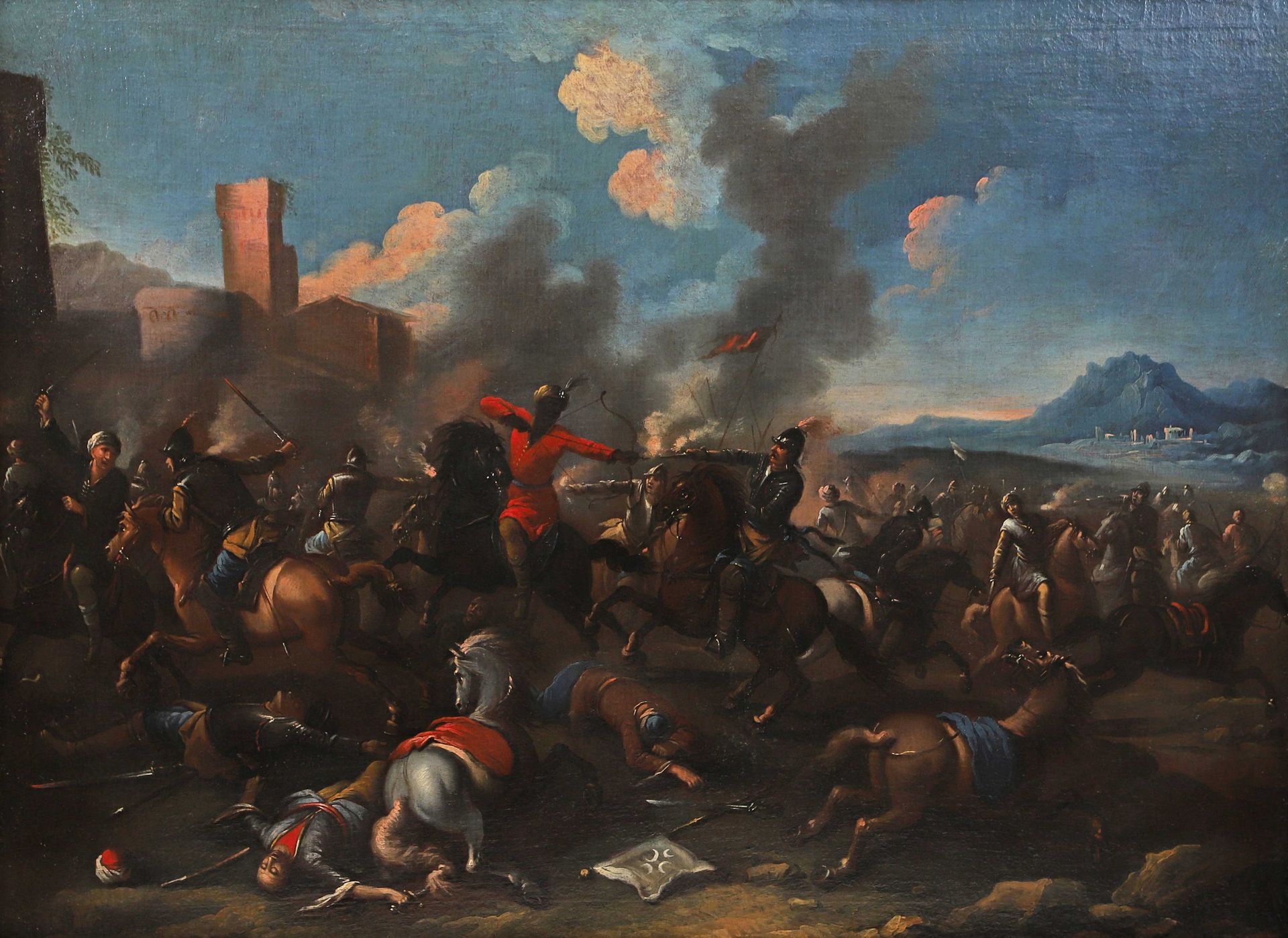 Escuela italiana de finales del siglo XVII, entorno de Antonio CALZA  Batalla entre los turcos y los cristianos Lienzo 103 x 138 cm