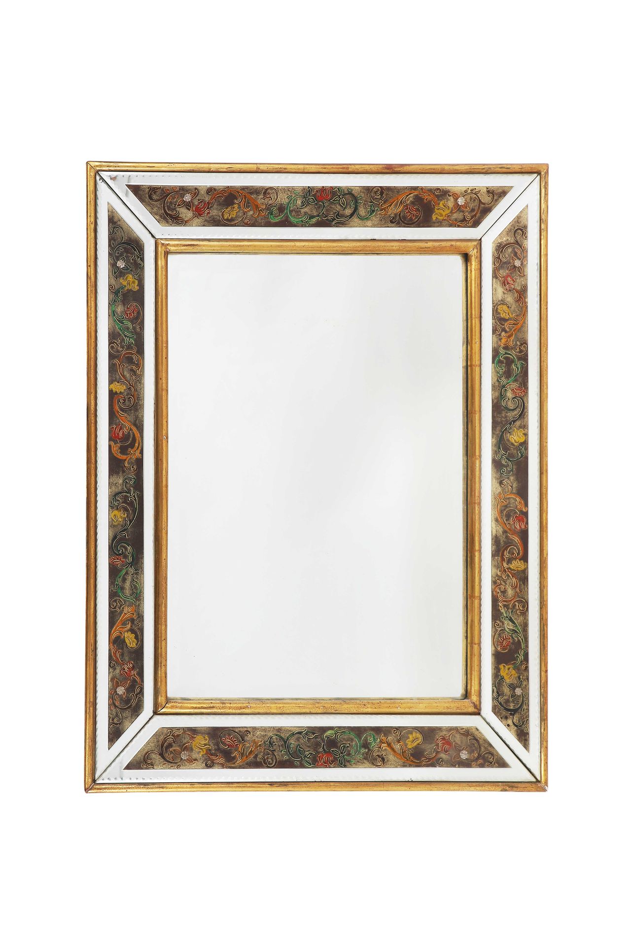 Null Uno specchio veneziano in vetro di Murano con fregi floreali policromi.

Da&hellip;