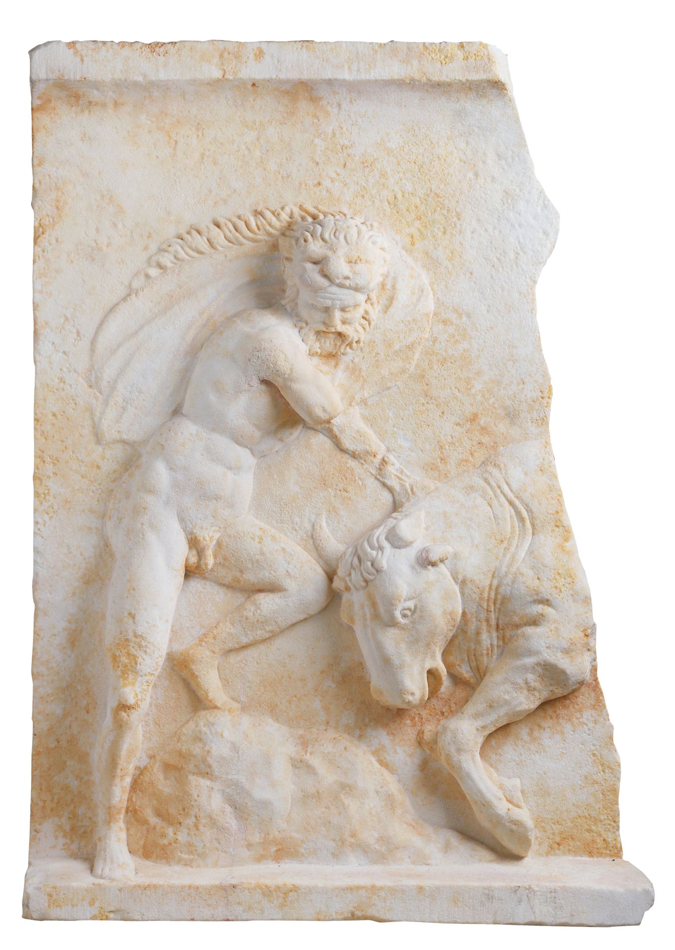 Null 大理石斑块的碎片，以浮雕的形式表现海格力斯捕捉克里特公牛的情景。场景的左边部分显示英雄的一条腿是直的，另一条腿是弯的，他的脚放在一块石头上；赫拉克勒斯&hellip;