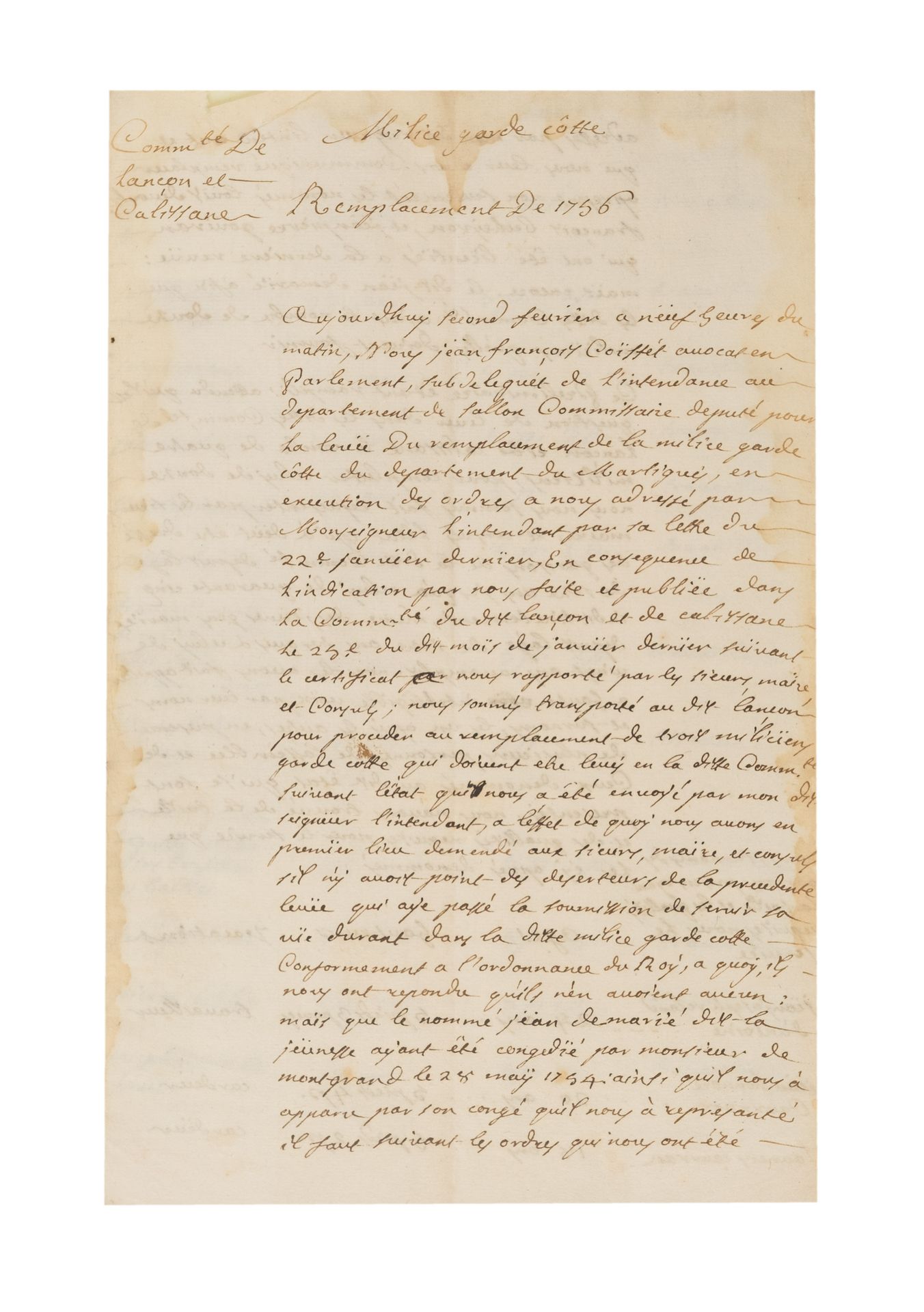 Null 十八世纪的两部作品的合集

-1756年以抽签方式替换马尔蒂格省的海岸警卫队民兵。

8开本10页的亲笔手稿，用黑色墨水写在铺纸上。褪色。

"今天，&hellip;