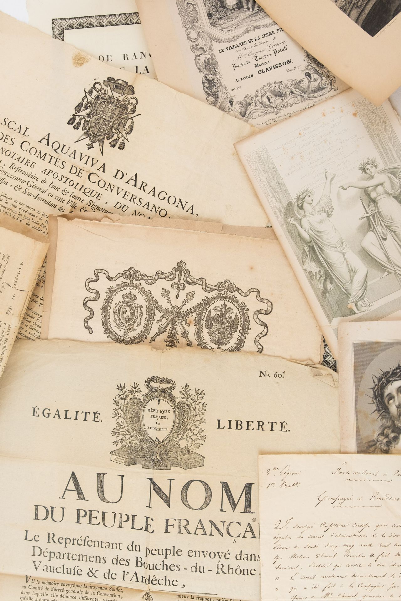 Null 一组23件印刷的或部分印刷的作品 18-19世纪

1814年，带有国家军队少校印章的羊皮纸上有 "Charles Philippe"(Comte d&hellip;