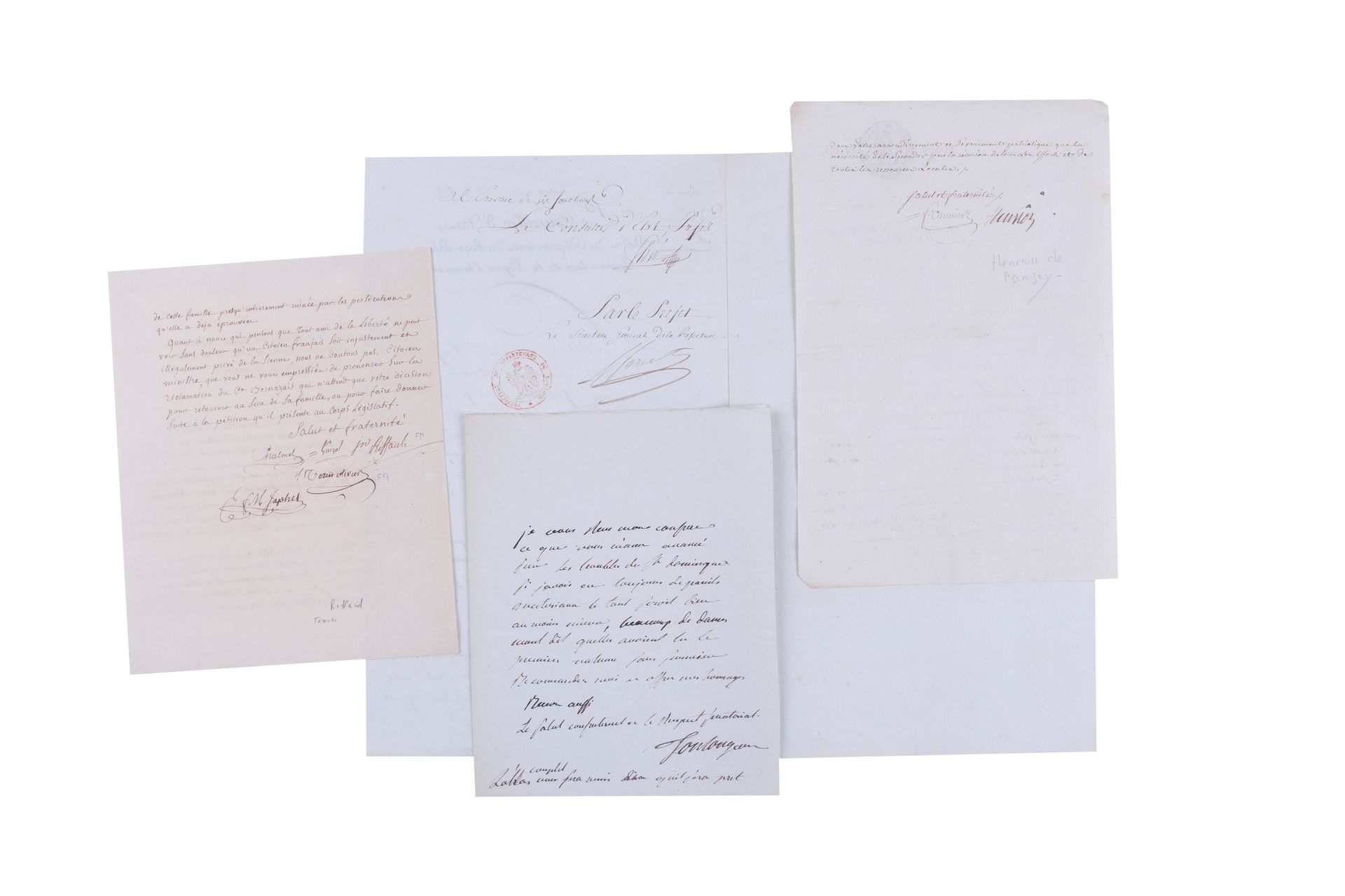 Null [FRANC-MAÇONNERIE] 一套4封信

- 一封手写的信，（1页半），来自安德尔-卢瓦尔省和谢尔省的人民代表代表，致战争部长。巴黎，七年级&hellip;