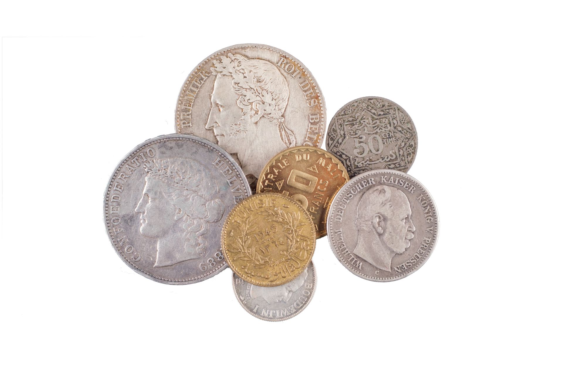 Null 7枚硬币 : 比利时 Léopold 1er 5 francs 1849 银 24,85 克。普鲁士1876年2马克银币，10.76克。瑞士5法郎18&hellip;