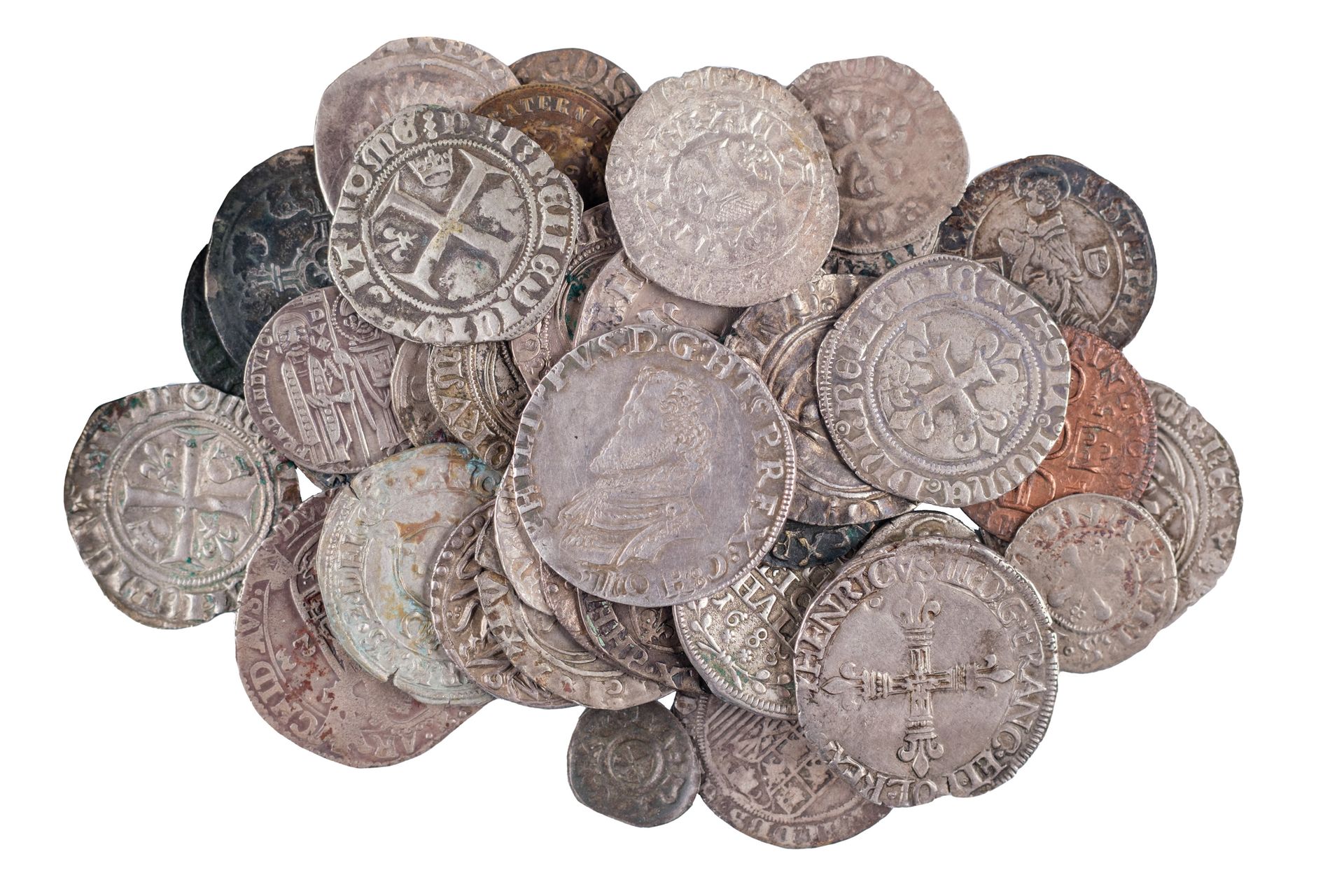 Null 一批约48枚法国封建和外国皇家硬币，主要是银质和钞票，包括。菲利普六世-瓦卢斯的双帕里西。查尔斯五世的白色与K。查尔斯六世白圭纳，Gros dit f&hellip;