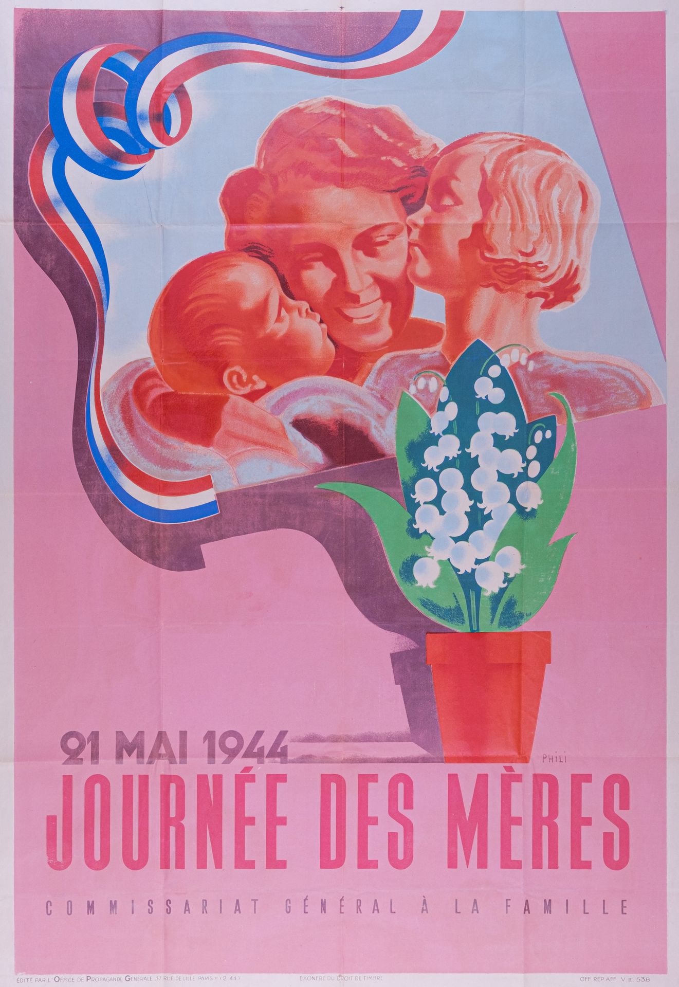 Null [PÉTAIN/维希政府]大型 "母亲节 "海报，1944年5月21日，由PHILI绘制。

由维希政权下的家庭总委员会出版。尺寸为80 x 120厘&hellip;