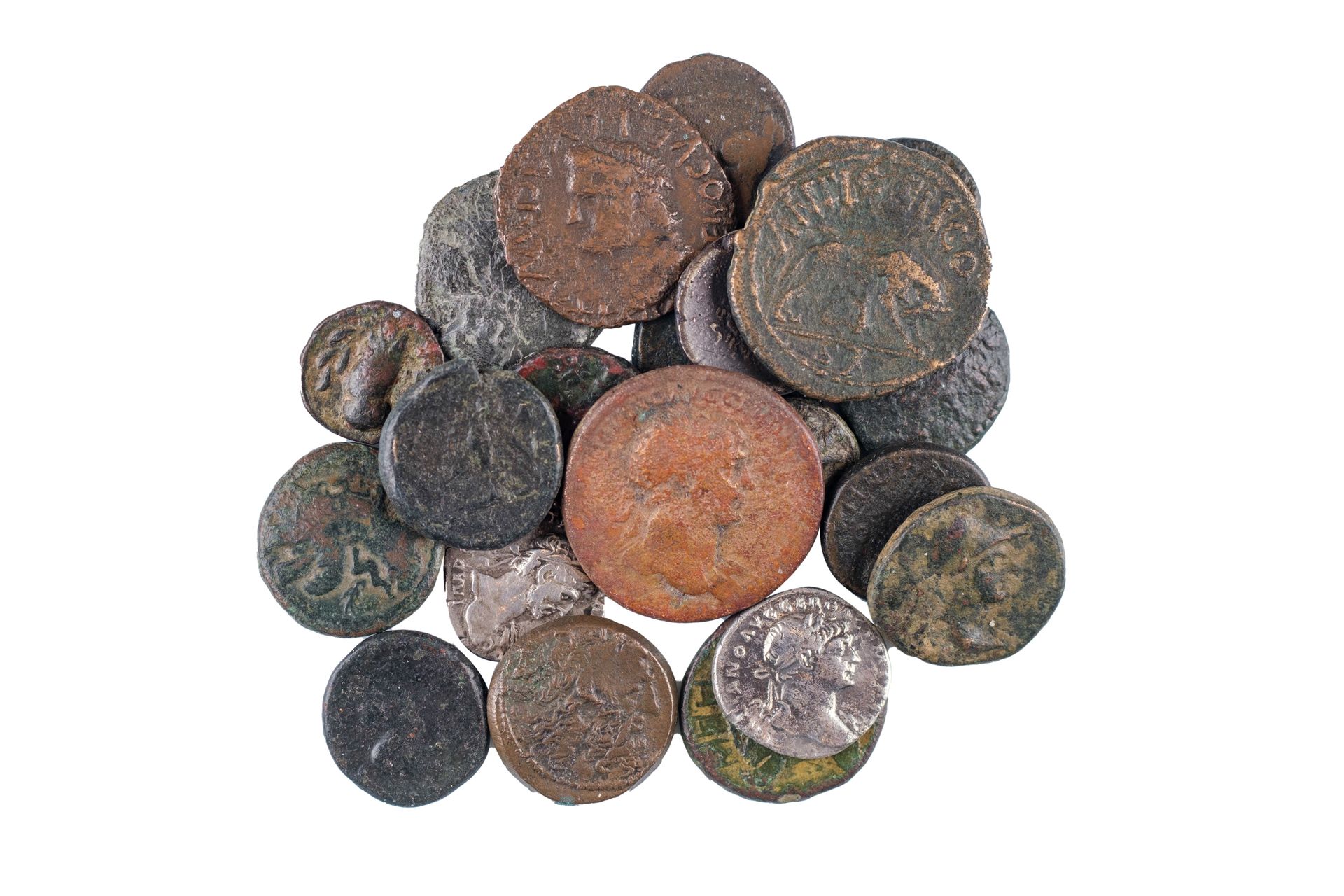 Null Lot of 21 coins including 17 Greek bronze, 2 Roman aces, 2 Roman denarii.

&hellip;