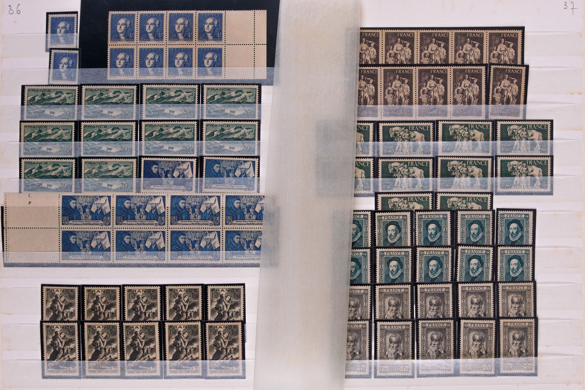 Null 1943年、1944年、1945年的无铰链薄荷邮票，数量约为10枚，介于Yvert 572至701之间，有一些缺氧，价值约为2500欧元，装订在一个夹&hellip;