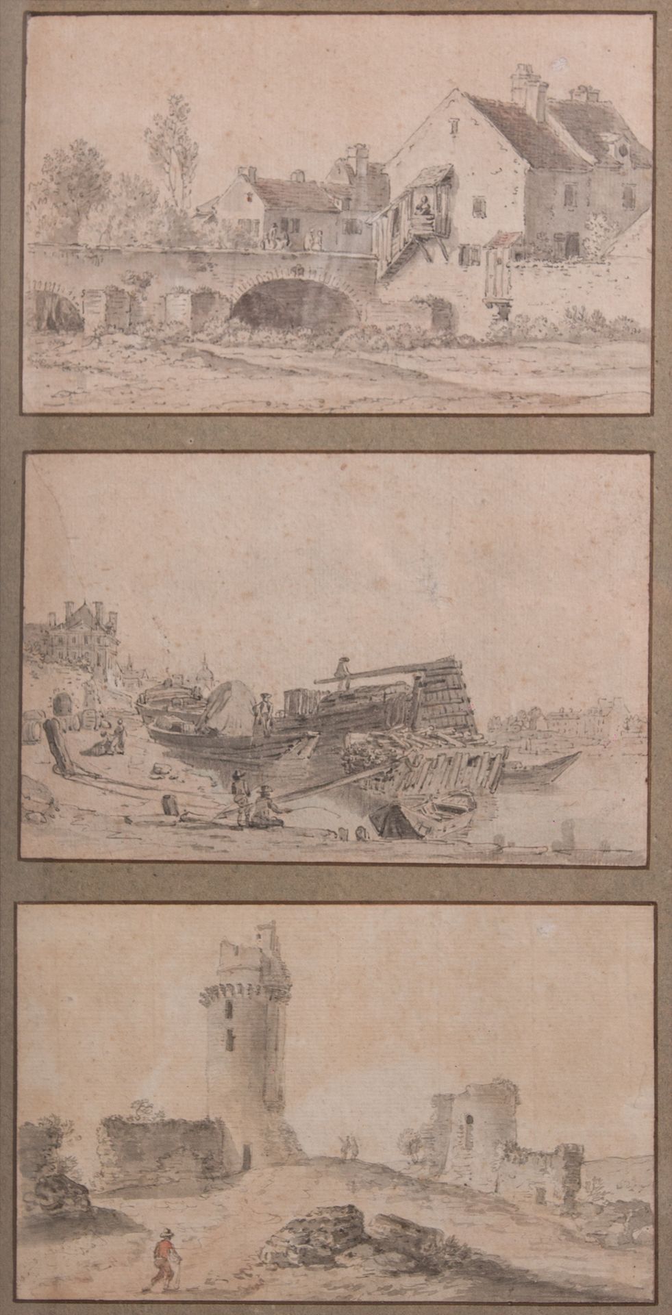 Null 归功于亚历克西斯-尼古拉-佩尼翁（南希1726-巴黎1782）。

同一个山头上的三个景观：一个有桥、一个海洋和一个废墟中的人物的生动景观

水彩画、&hellip;