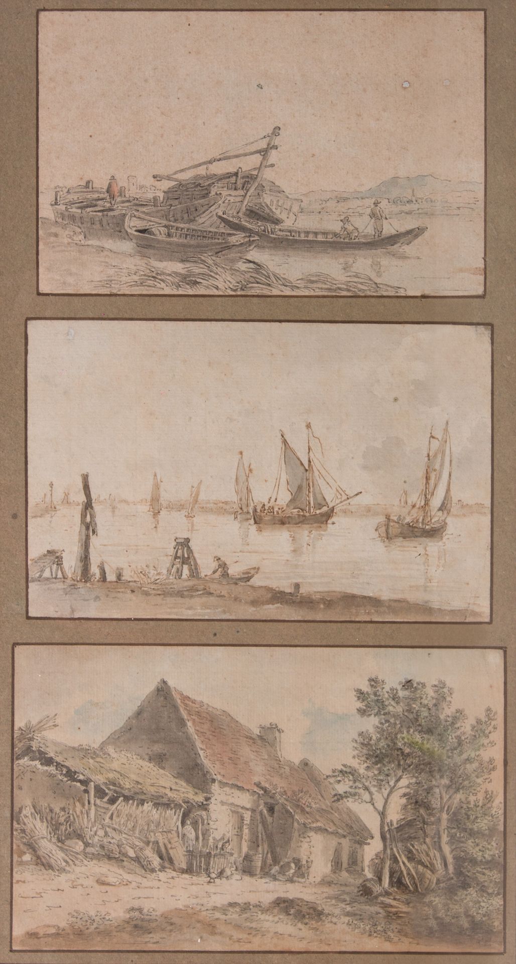 Null 归功于亚历克西斯-尼古拉-佩尼翁（南希1726-巴黎1782）。

在同一坐骑上的三幅风景画：两幅海景画和一座茅草屋

水彩画、钢笔、棕色和黑色墨水
&hellip;