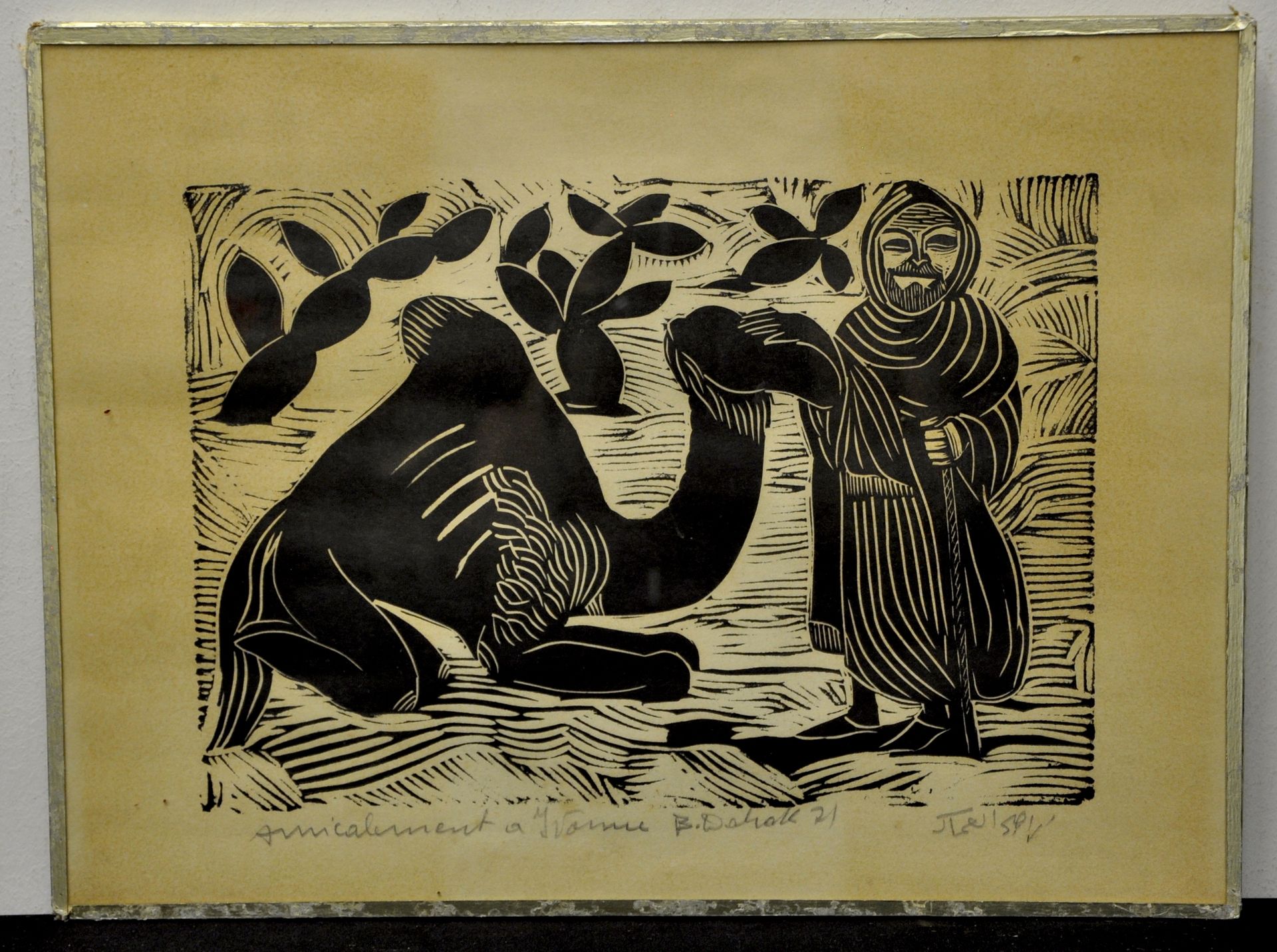 Null 卜拉欣-达哈克(1931-2004)

有单峰驼的人

纸上木刻版画

右下角有签名，左下角有献词。

21 x 30厘米