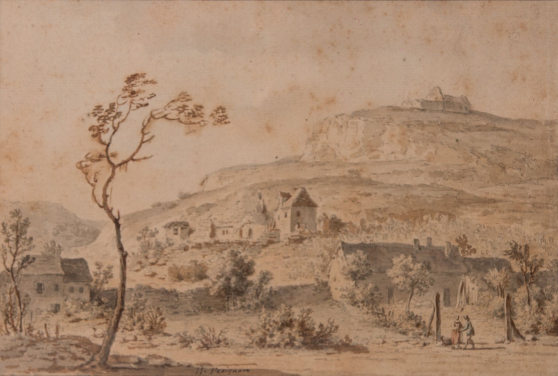 Null 亚历克西斯-尼古拉-佩尼翁（南希1726-巴黎1782）。

有山脉和房屋的动画景观

灰色和棕色水洗，黑色铅笔线条上的水彩亮点

16 x 23,5&hellip;