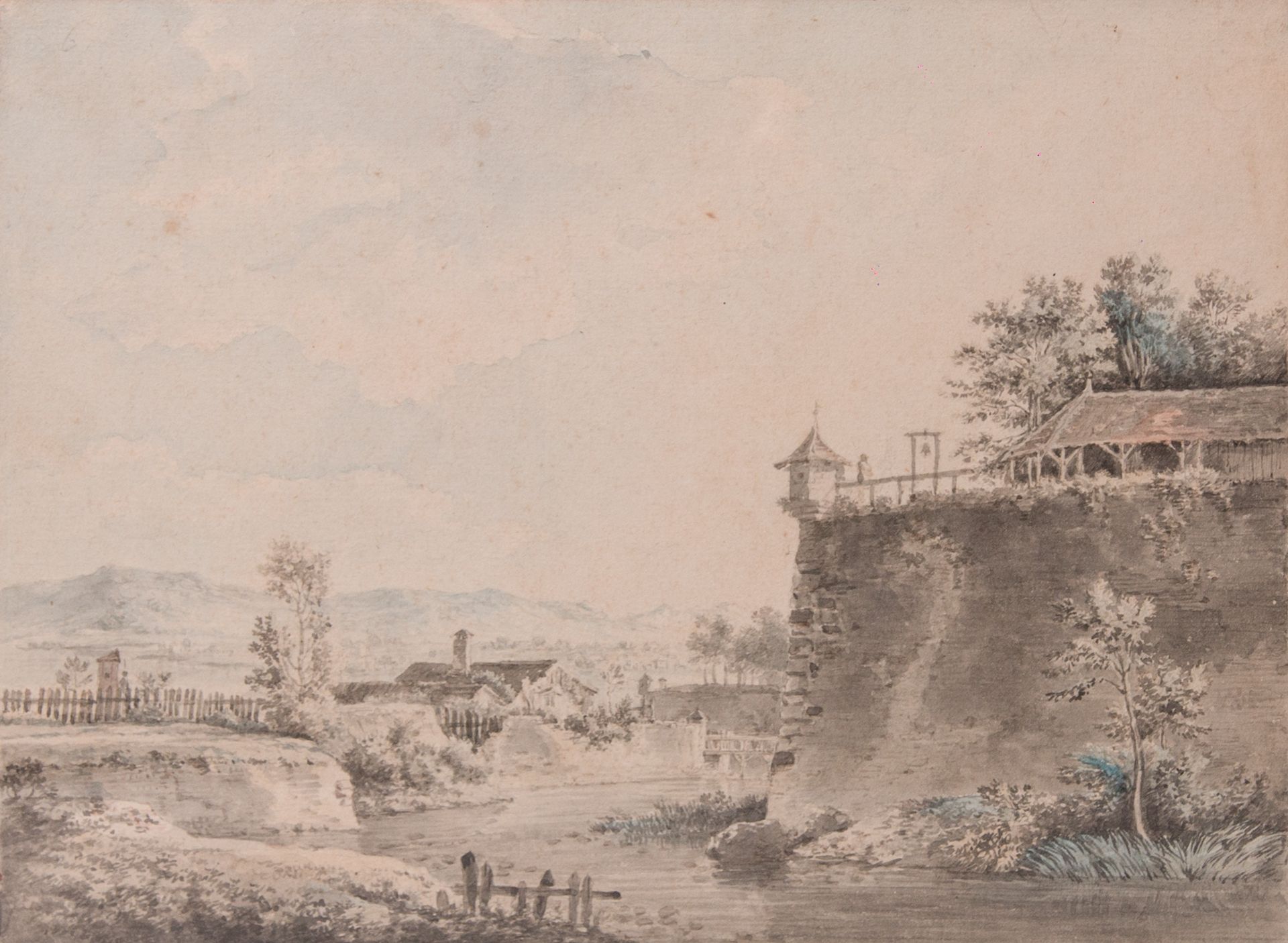Null 归功于亚历克西斯-尼古拉-佩尼翁（南希1726-巴黎1782）。

有鸽舍的景观

灰水和水彩在黑色铅笔线条上的应用

16,2 x 22,2 cm
&hellip;