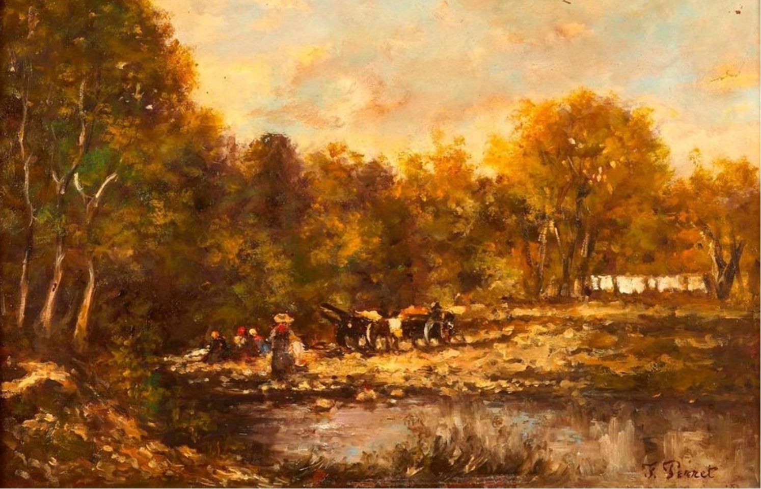 F. PERRET (XIXème siècle) 
Lavandières en bord de rivière. 
Huile sur panneau si&hellip;