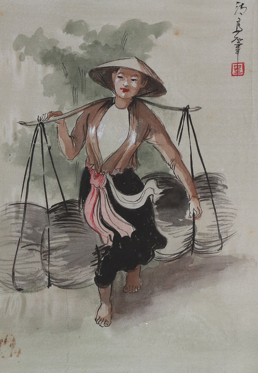 Null 越南，20世纪

一套两幅布面水彩画，表现一个从田间回来的农妇和一个吸食鸦片的老人。

签名和红色印章。

27 x 19 厘米