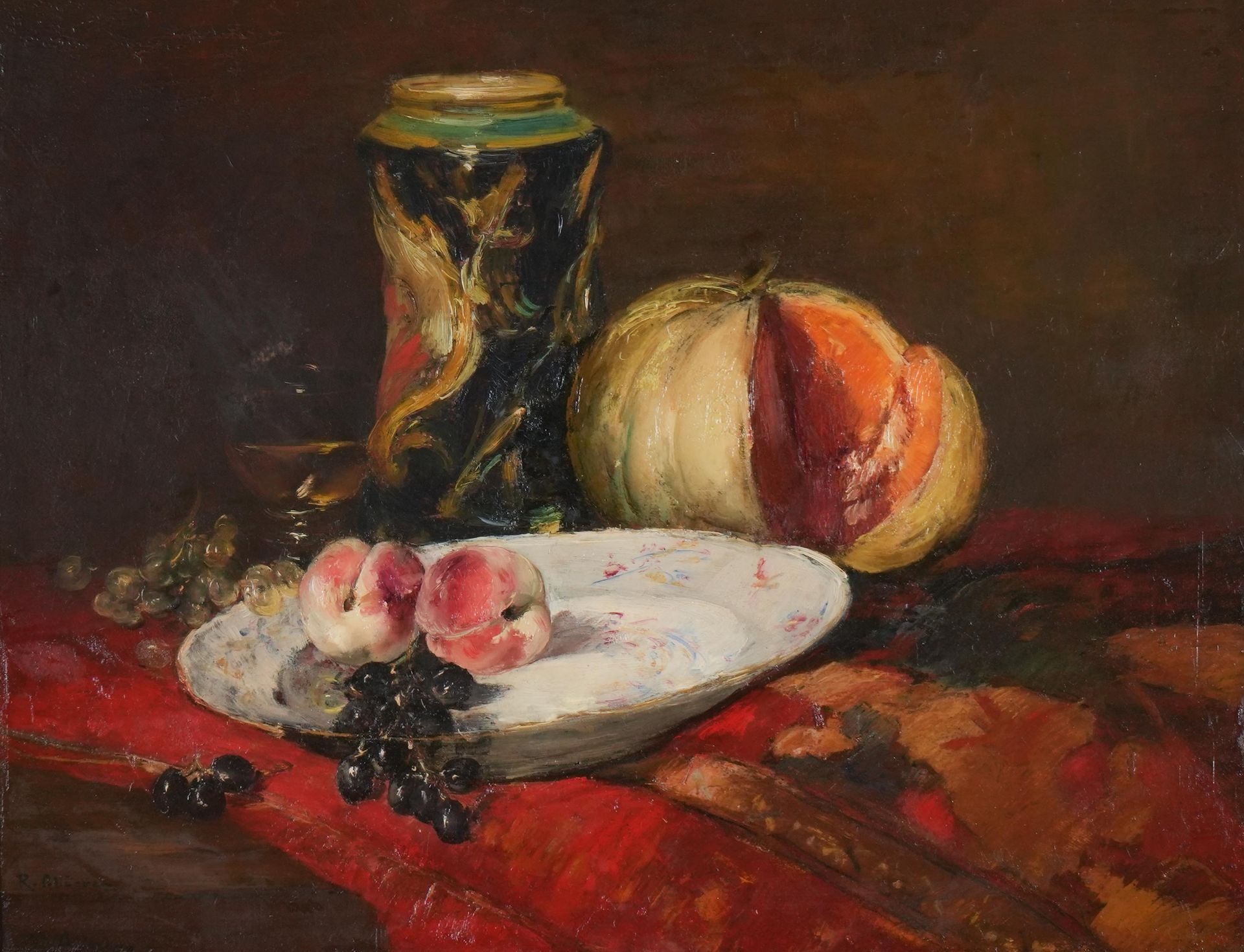 Null 雷蒙-阿尔勒格 (1857-1933)
静物与甜瓜
板面油画
左下方有签名
50 x 65 cm