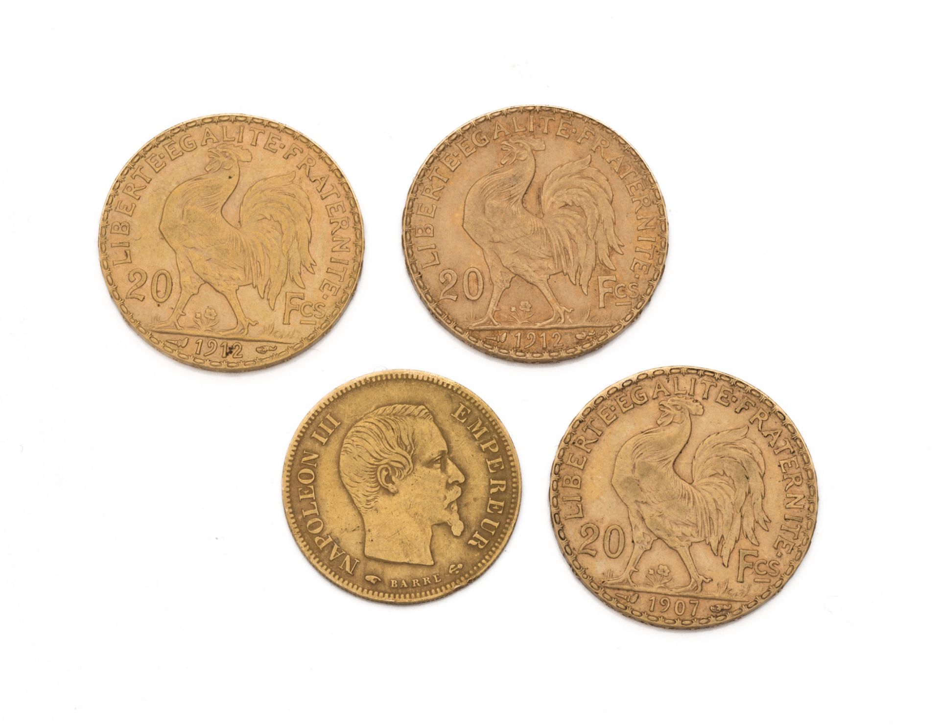 Null 法国
- 10法郎金币，拿破仑三世光头。 1858 A
- 20法郎金币，公鸡。 1907年和1912年（2枚）。
重量：22,54克